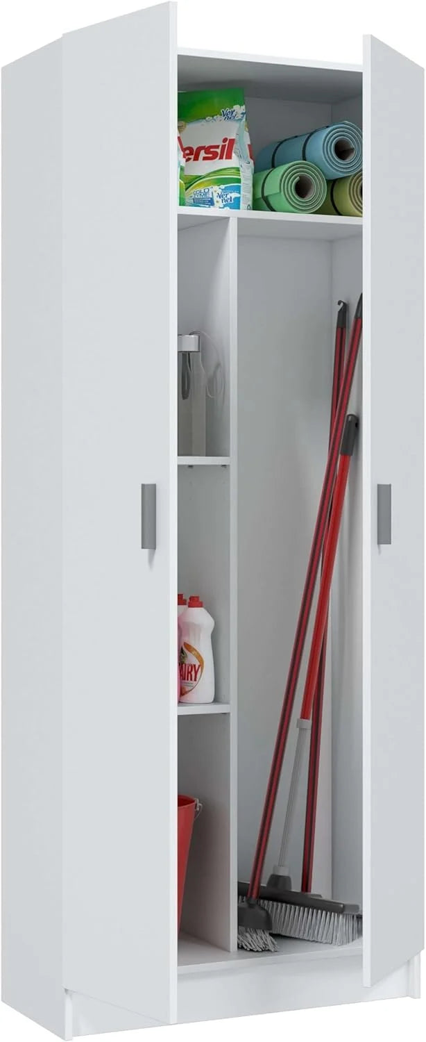 Habitdesign Multi-Purpose Wardrobe. Broom 2 Doors 3 Shelves. 180 x 73 x 37 cm (H x W x D – cm). Matt White