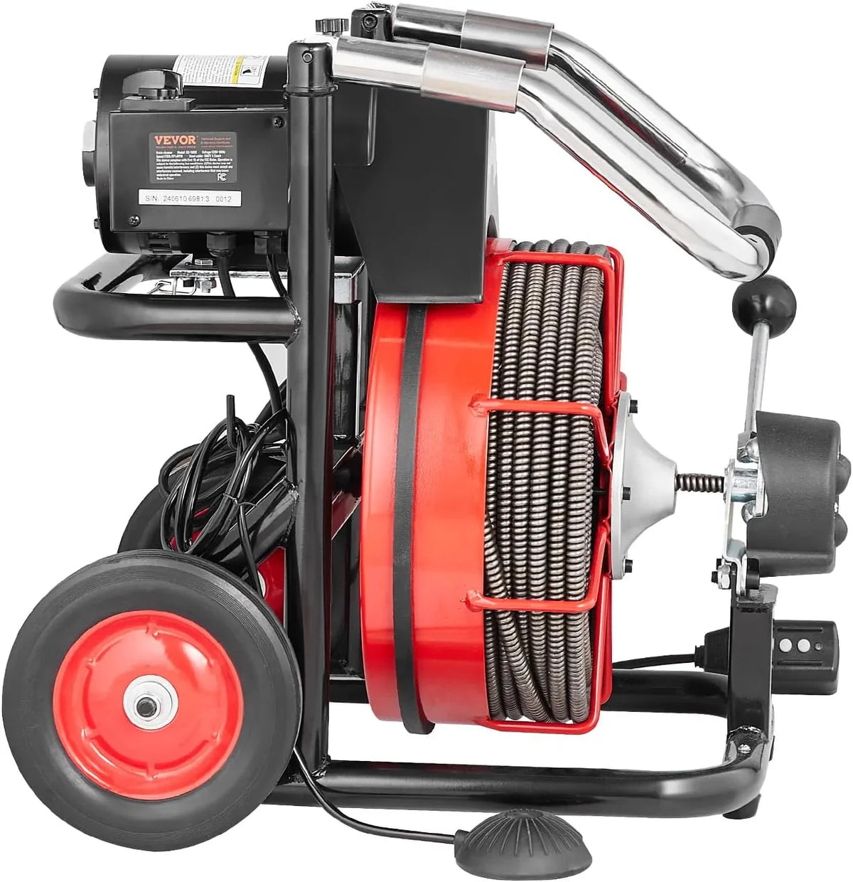 550W Drain Cleaning Machine. 100-Ft. x 1/2-Inch Sewer Snake Auger with 8 Cutters. Wheels and Foot Switch. for 2-4-Inch Pipes