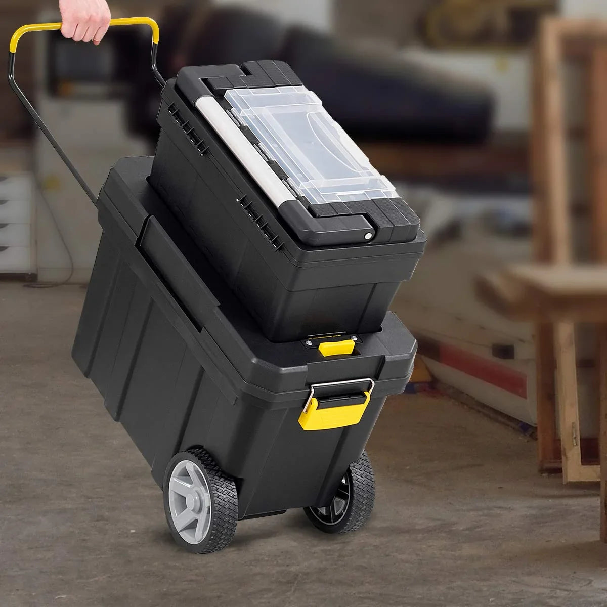 2-in-1 Rolling Toolbox. Portable Plastic Tool Organizer and Storage Box Set