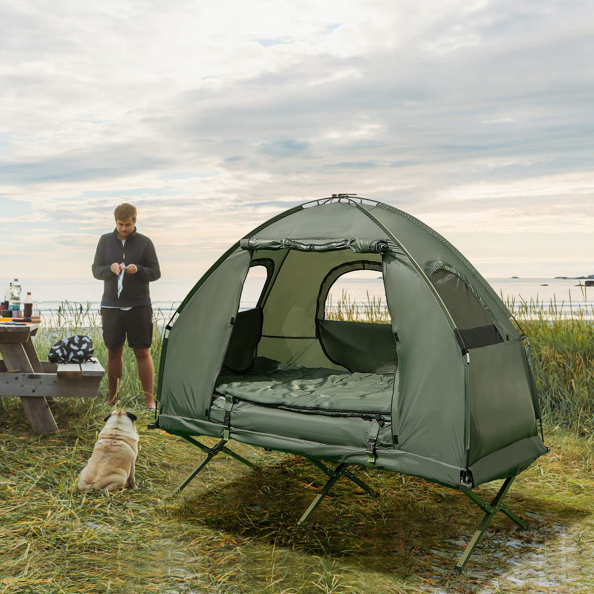 5-in-1 Folding Camping Cot – Tent with Air Mattress. Pillow & Sleeping Bag