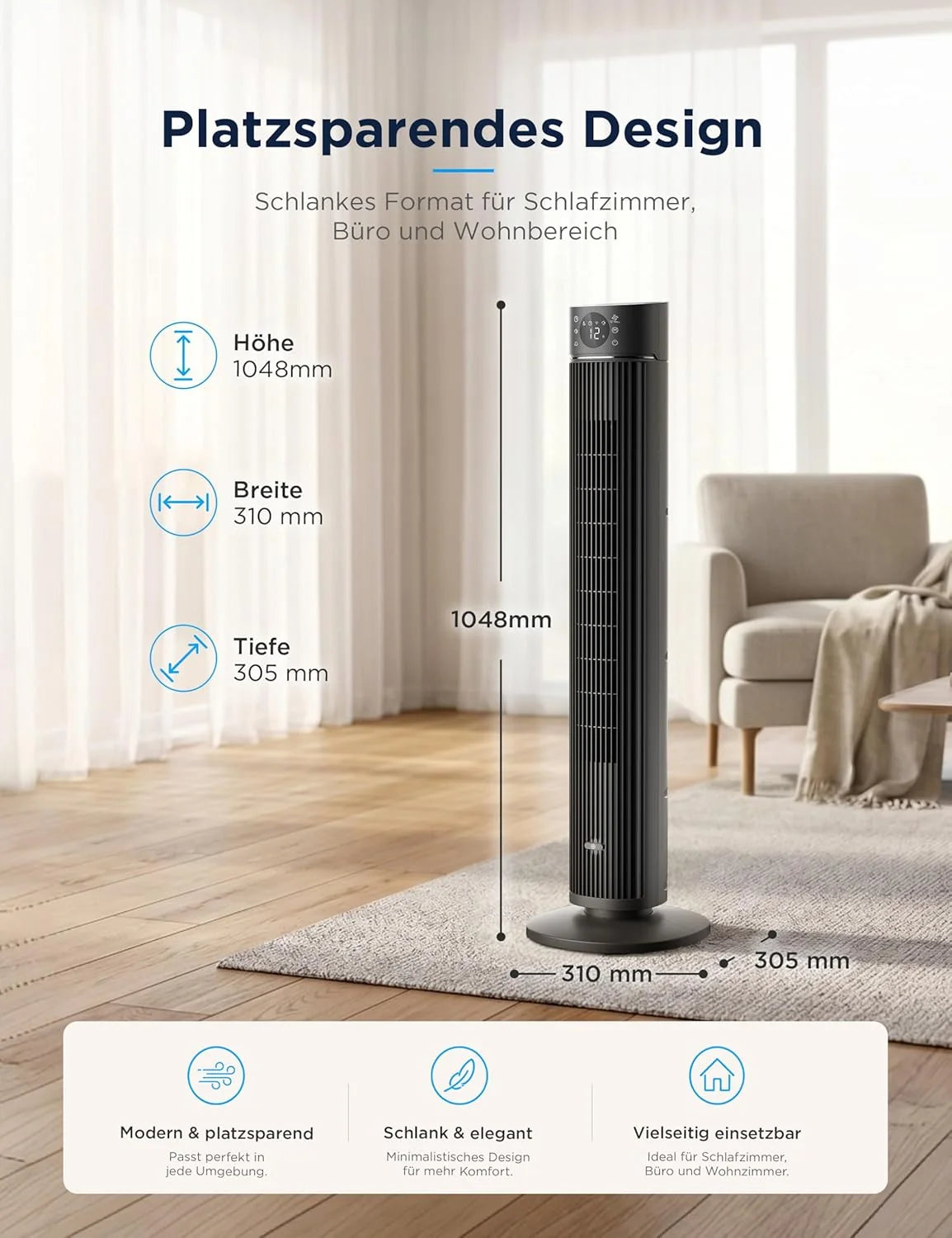 Midea FZ10-26ARDW Smart Leiser Turmventilator mit Fernbedienung. 19 dB Flüsterleise. DC-Motor. 4 Modi & 12 Stufen. 24h Timer. App-Steuerung für
