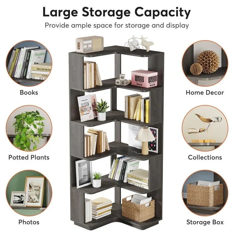 64.9 Inch Tall 6-Tier Corner Bookshelf. Freestanding Wood Industrial Bookcase