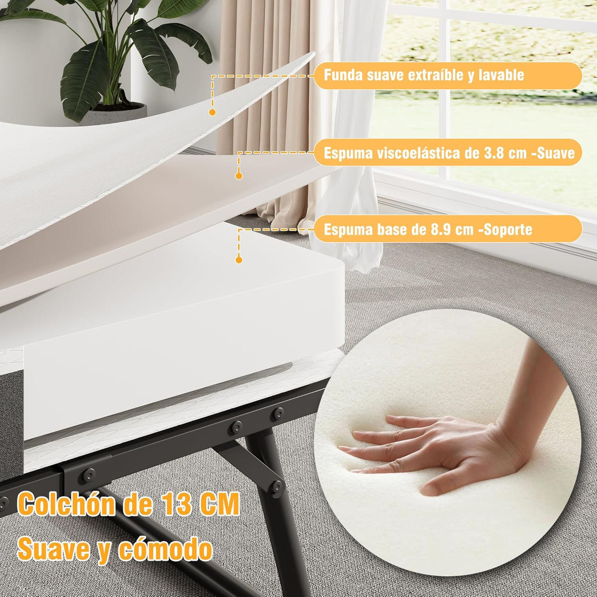 Cama Plegable de 120 cm con Colchón de 13cm (Viscoelástica). Somier Reforzado de Metal con 4 Ruedas y Funda Antipolvo. Cama Supletoria de Invitados