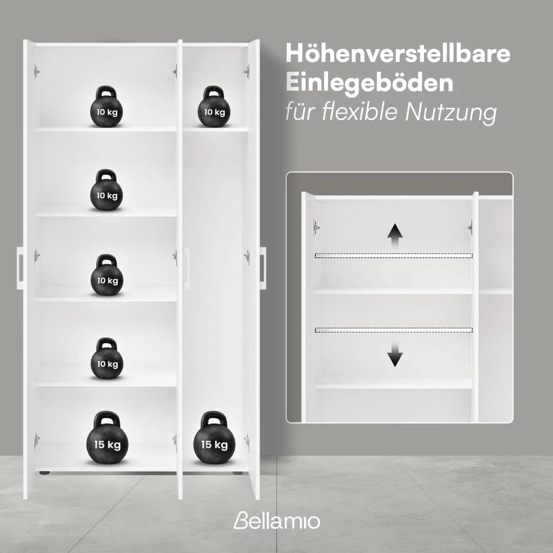 Bellamio Apol Mehrzweckschrank Weiß – Besenschrank 90 cm breit mit Stauraum – Putzschrank mit Staubsaugerfach – Vorratsschrank Küche - Aktenschrank