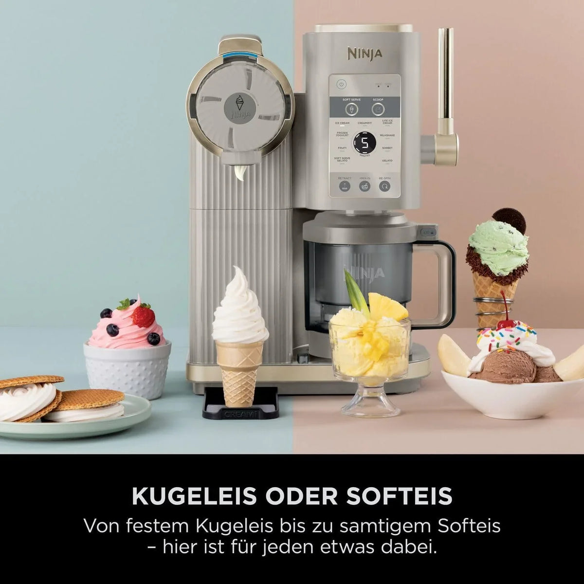 Ninja CREAMi Scoop & Swirl Eismaschine mit 2 Behältern. 13 Funktionen. für Eiscreme. Softeis. Gelato. Sorbet. Milchshakes und mehr. mit Mix-In-