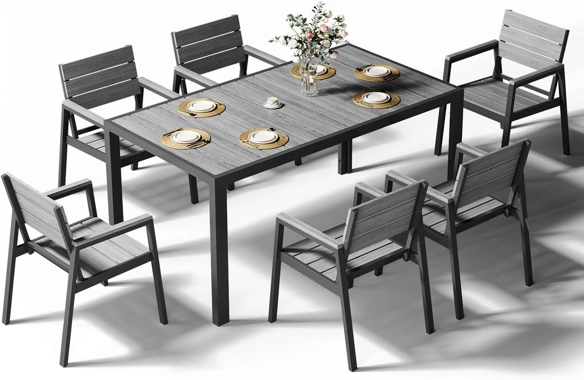 Devoko HDPS Conjunto de jardín de exterior de 7 piezas. resistente a la intemperie.con mesa de 150 cm y 6 sillas de jardín de exterior de aluminio.