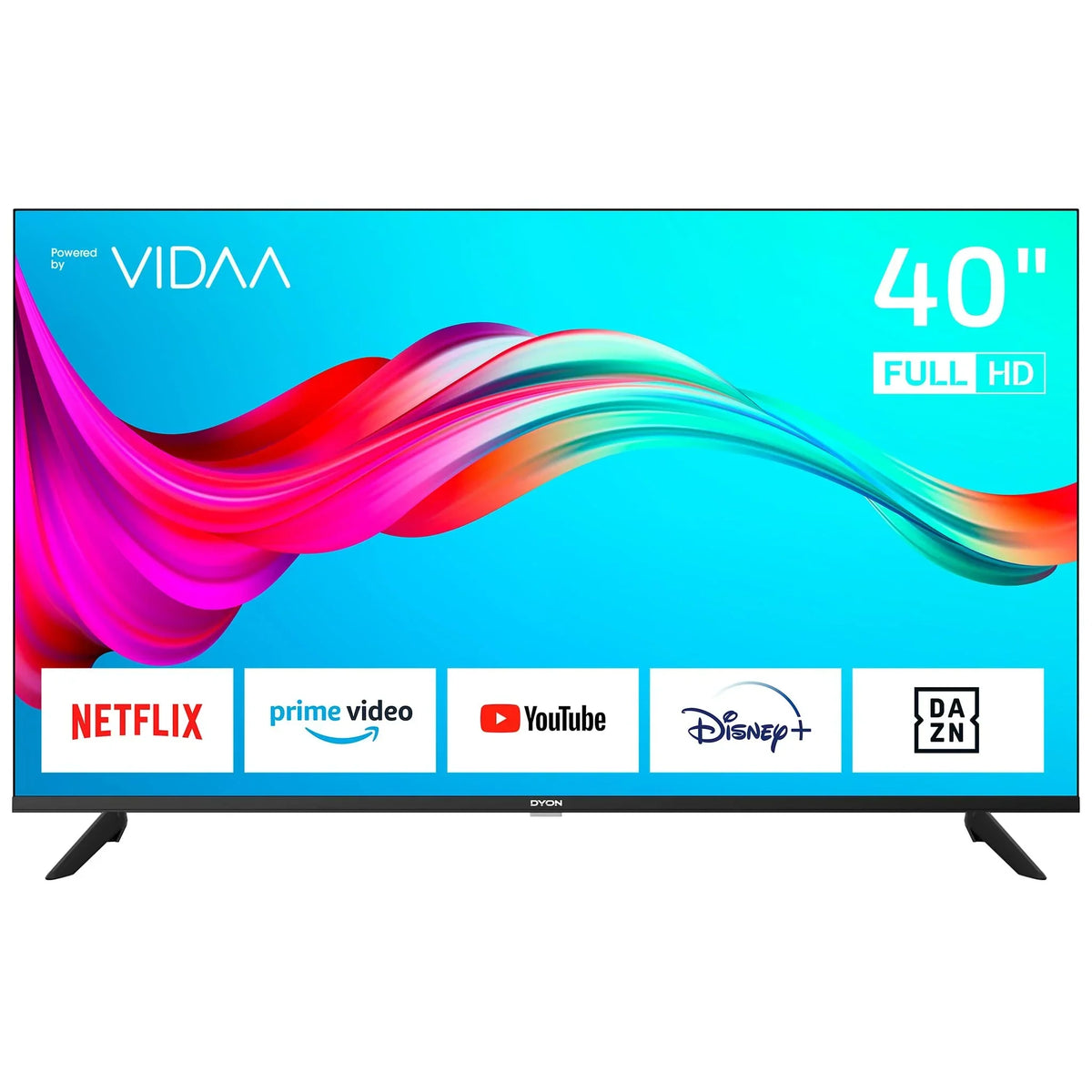 DYON Smart 40 VX-2-40 Zoll (100 cm) Full-HD Smart TV mit HD Triple Tuner (DVB-C/-S2/-T2). App Store. Prime Video. Netflix. YouTube. DAZN. Disney+.