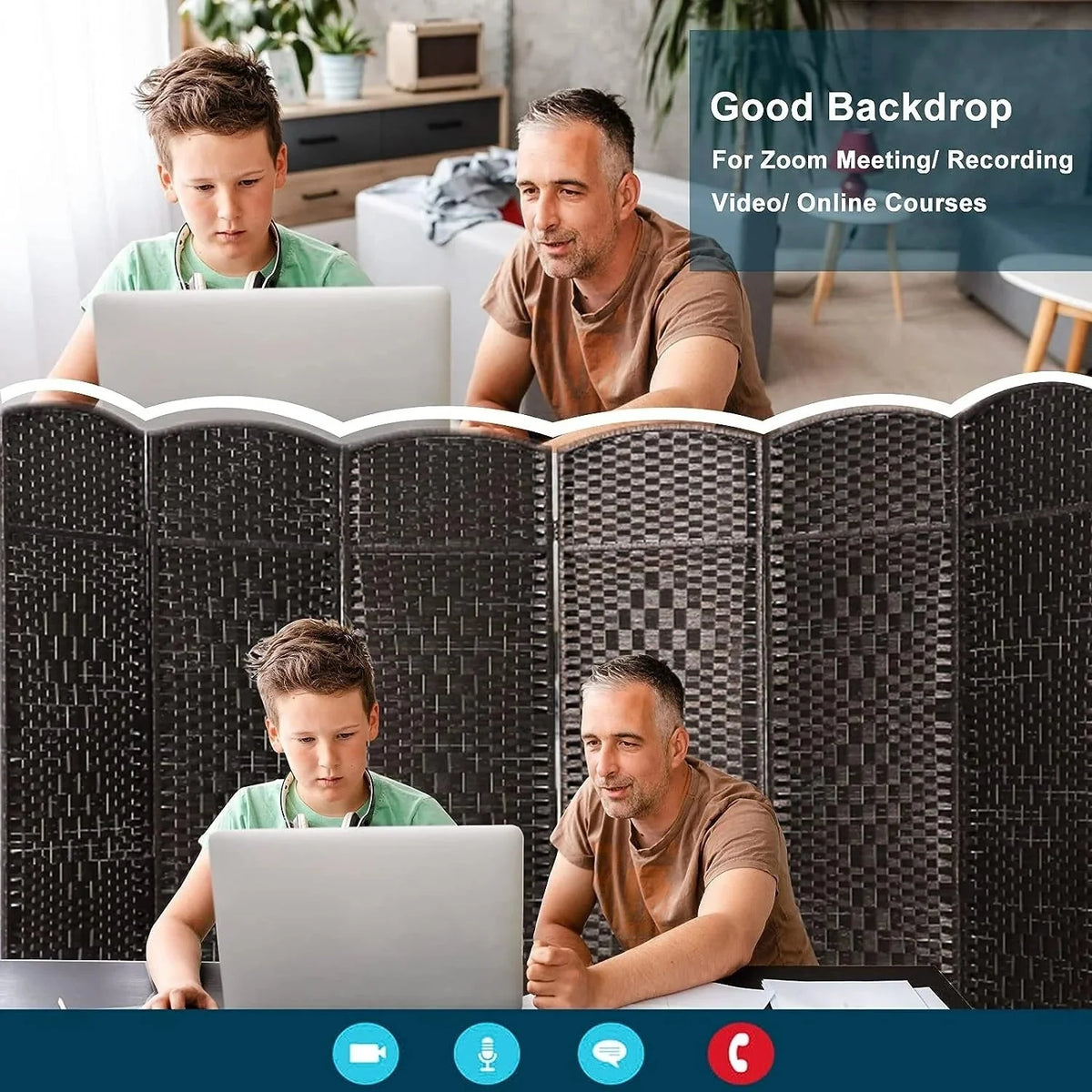 6 FT Tall Woven Fiber Room Divider. Freestanding Folding Privacy Screen
