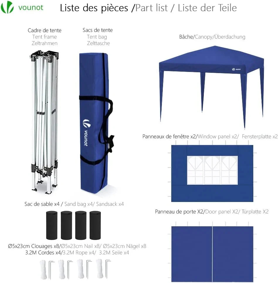 VOUNOT Carpa Plegable Gazebo 3x3m con 4 Paredes y 4 Bolsas de Arena. Cenador Pabellón de Jardín para Camping. Fiestas. Exterior. Color Azul