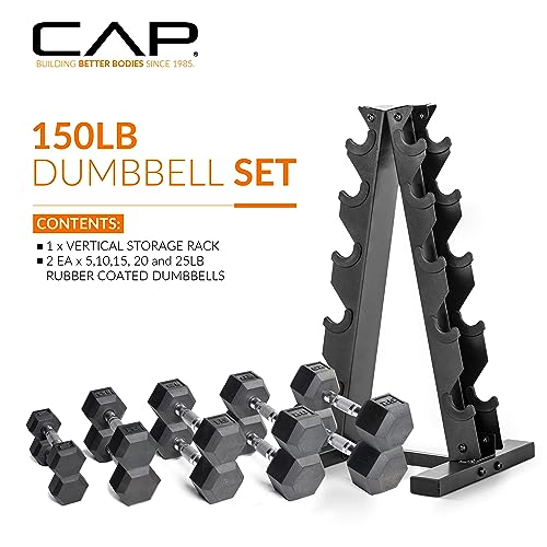 150 LB Coated Hex Dumbbell Weight Set with Vertical Rack. Black
