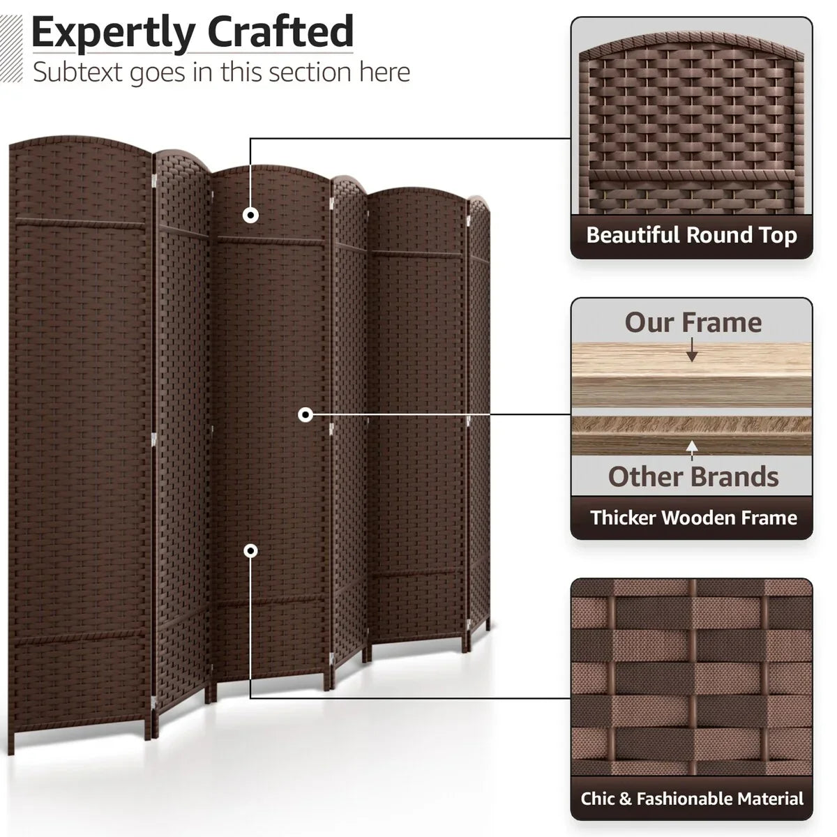 6 Panel Room Divider. 6ft Tall Extra Wide Folding Privacy Screen with Hand-Woven Mesh Panels