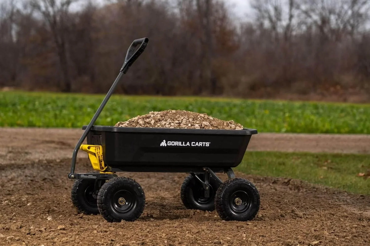7-Cubic-Foot Poly Dump Garden Cart with No-Flat Tires. 1.200-Lb. Capacity. Black