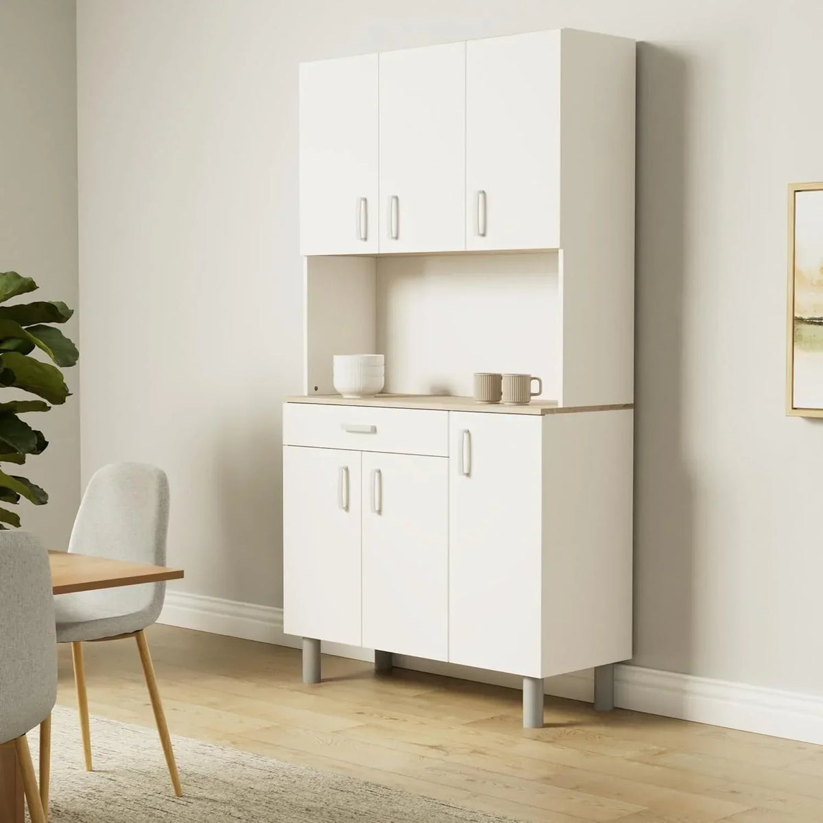 Miroytengo Kitchen Side Cabinet. Kitchen Cabinet. Buffet Kitchen Cupboard 6 Doors White and Oak Kronberg 101 x 185 cm