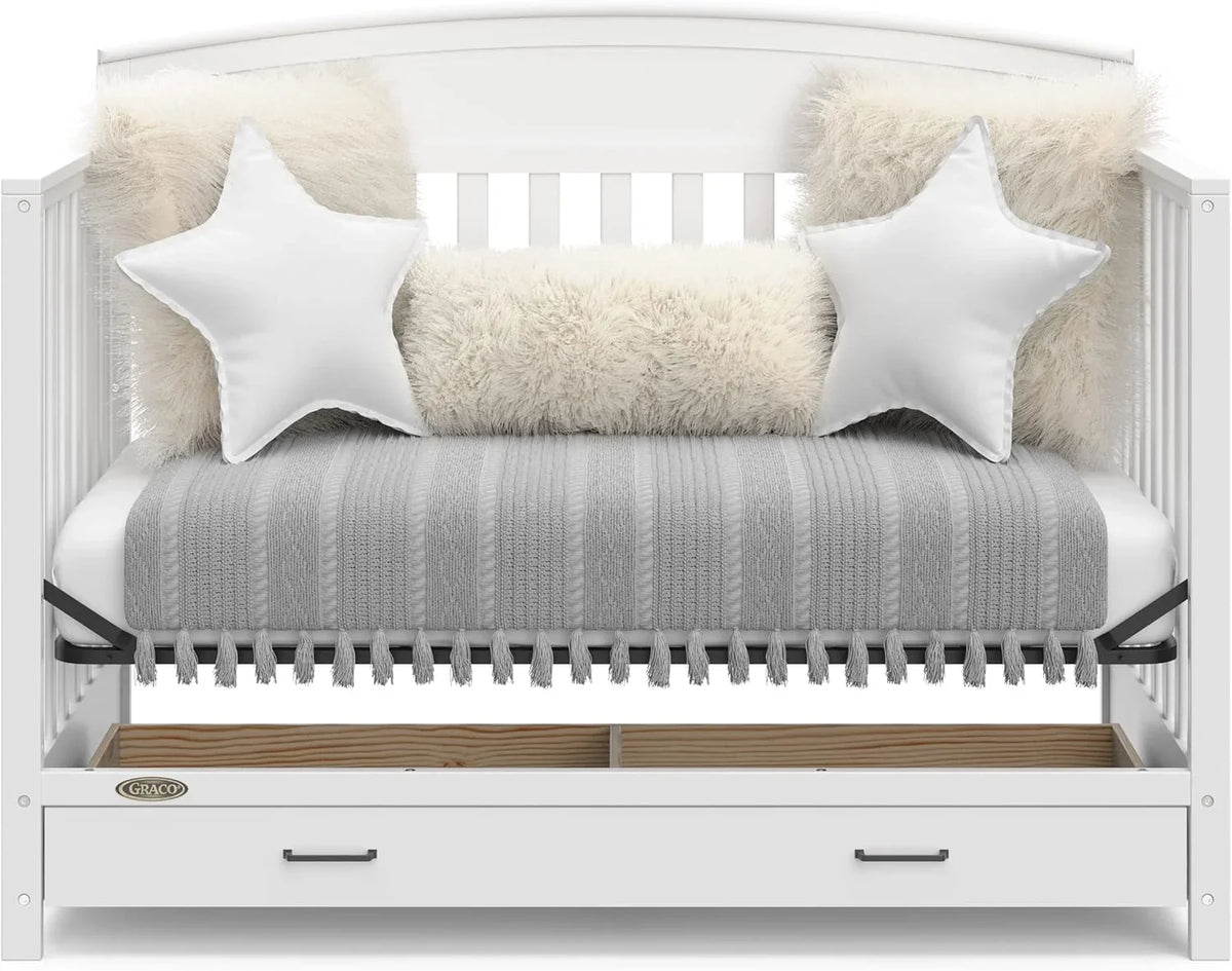 5-in-1 Convertible Baby Bed with Storage Drawers. White. Converts to Toddler Bed. Daybed and Full-Size Bed