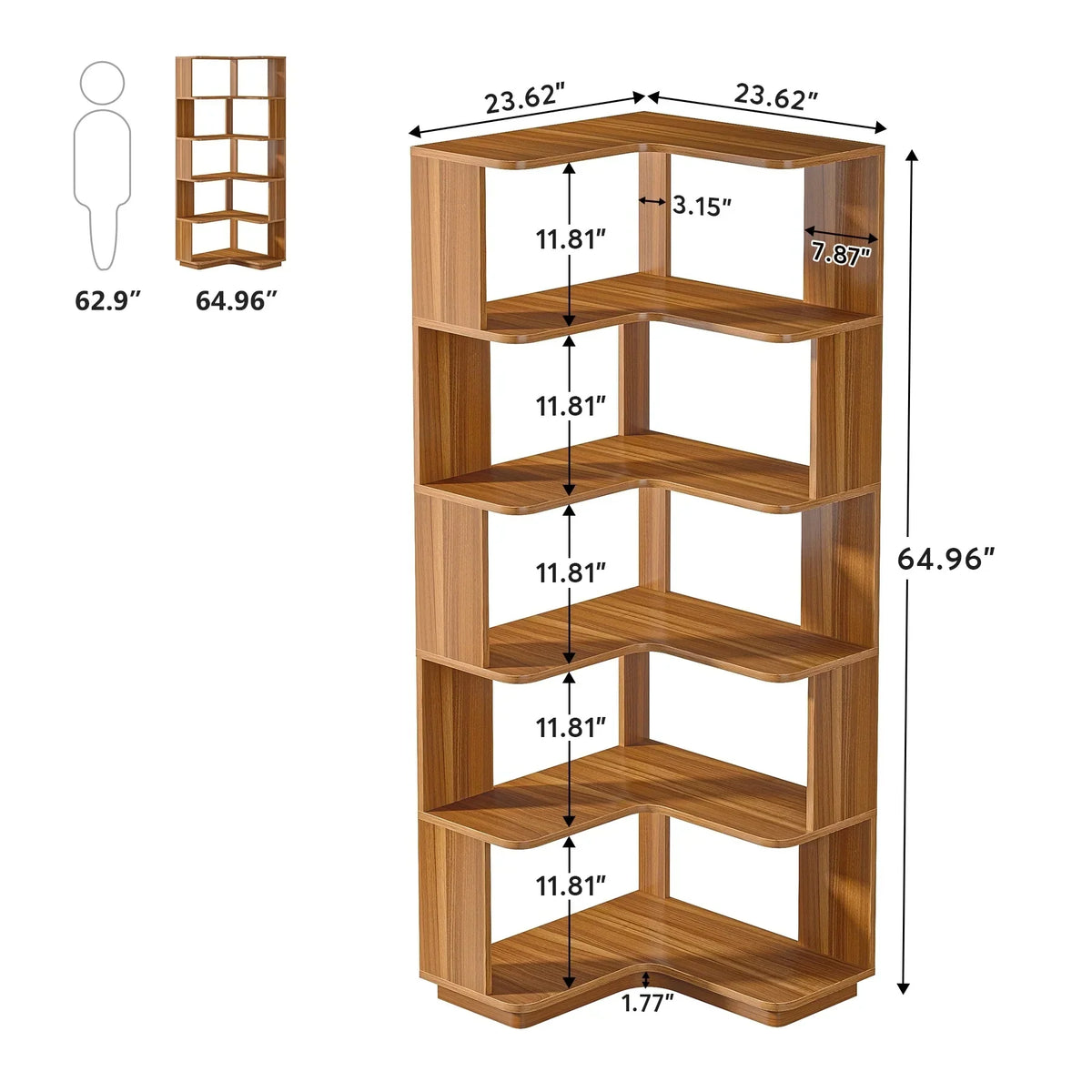 64.9 Inch Tall 6-Tier Corner Bookshelf. Freestanding Wood Industrial Bookcase