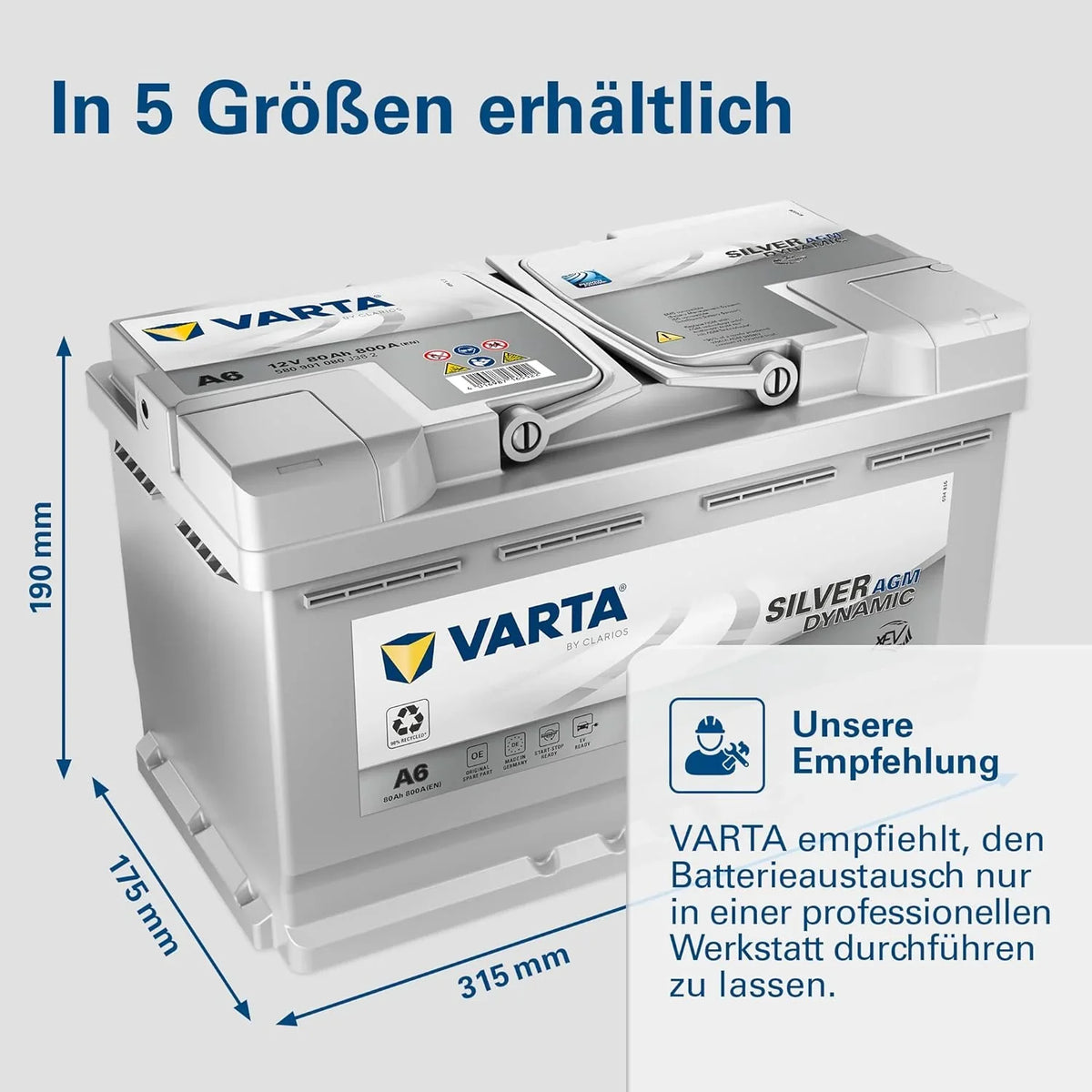 VARTA Silver Dynamic AGM Batterie A6 – Start-Stop und xEV Autobatterie 12V 80Ah 800A – Starterbatterie für Autos mit hohem Energiebedarf