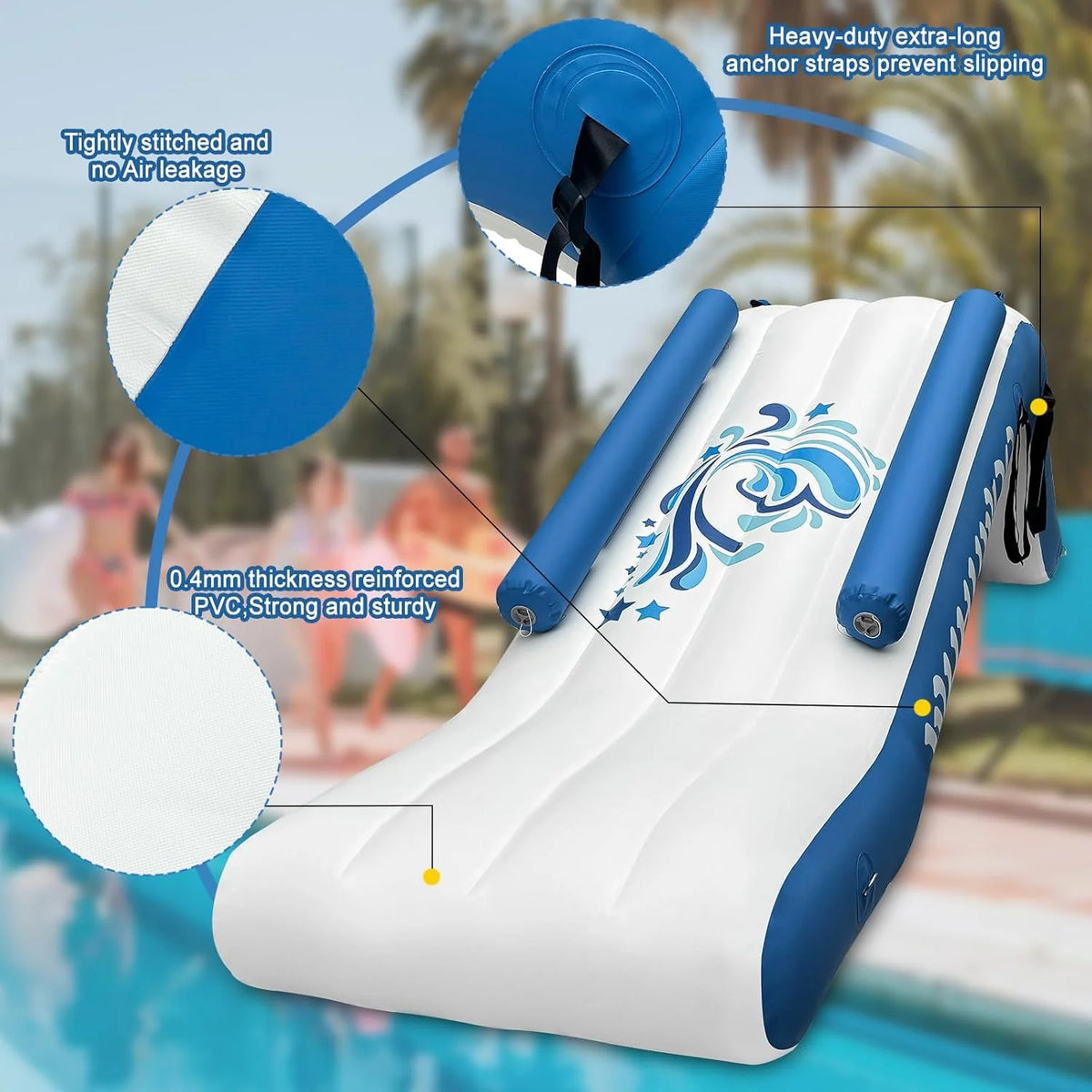 Pontoon Waterfall Slide. Inflatable Pontoon Boat Water Slide for Kids Backyard Pool Sea. Electric Air Pump & Storage Bag