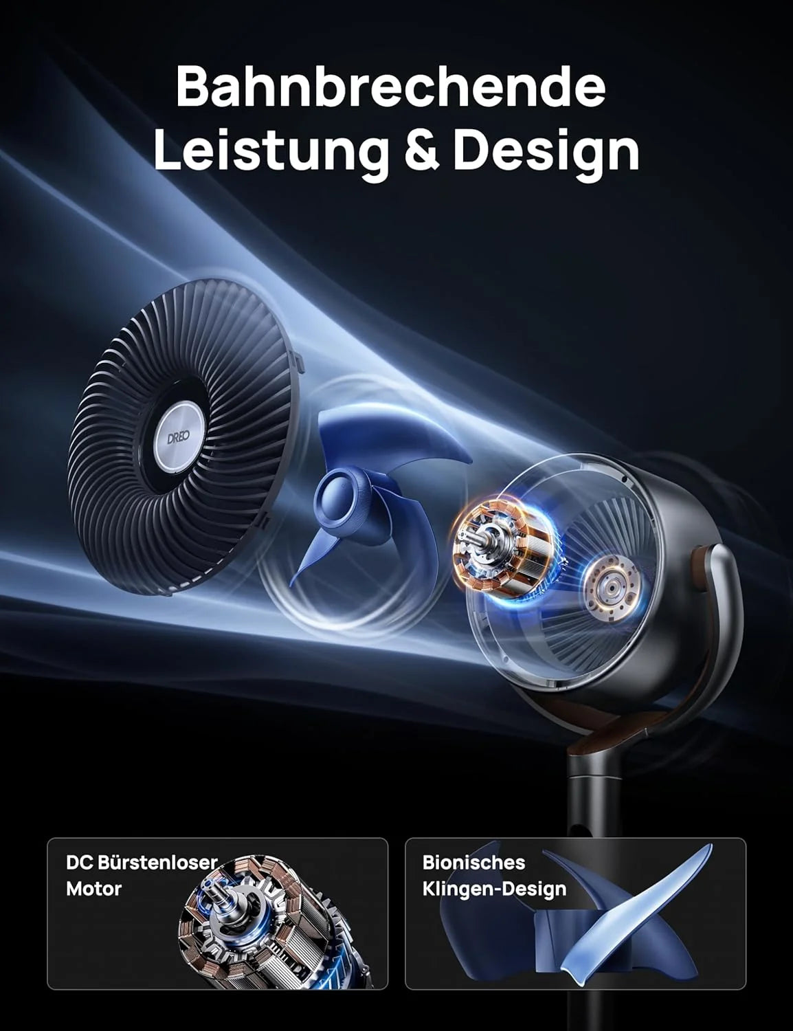 Dreo 20dB leiser Standventilator. 120°+120° Omni-direktionale oszillierende Ventilator. 26M Windentfernung. 1200m³/h Luftvolumen Echt Turbo-