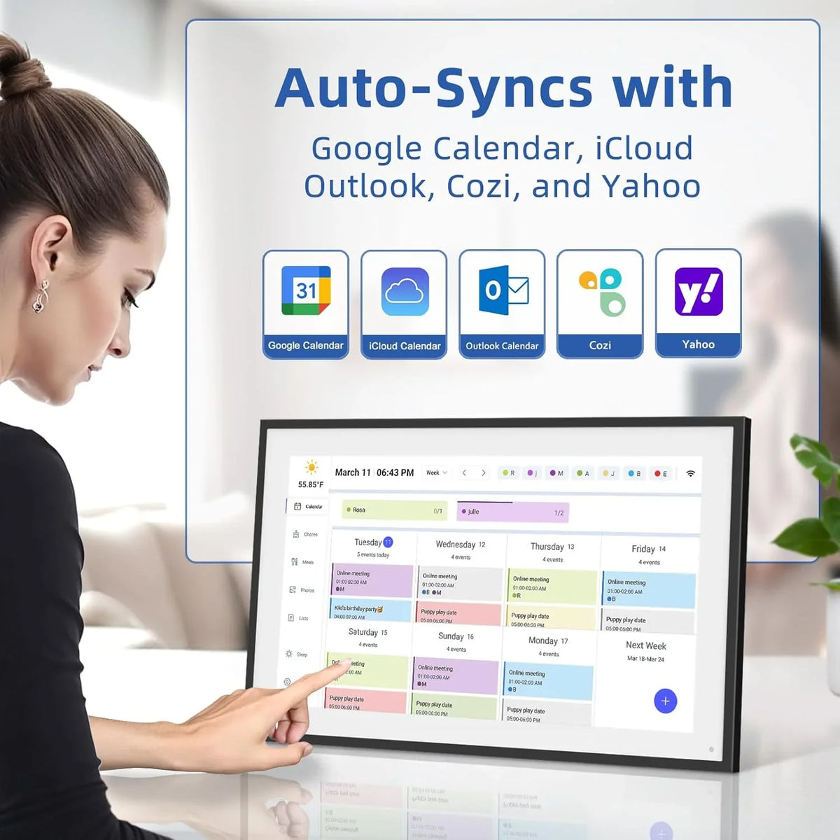 21.5 Inch Digital Calendar. Electronic Chore Chart. Smart Weekly and Monthly Planner 1920 * 1080P IPS Touchscreen Wall and Desk Calendar for Family Schedules. White