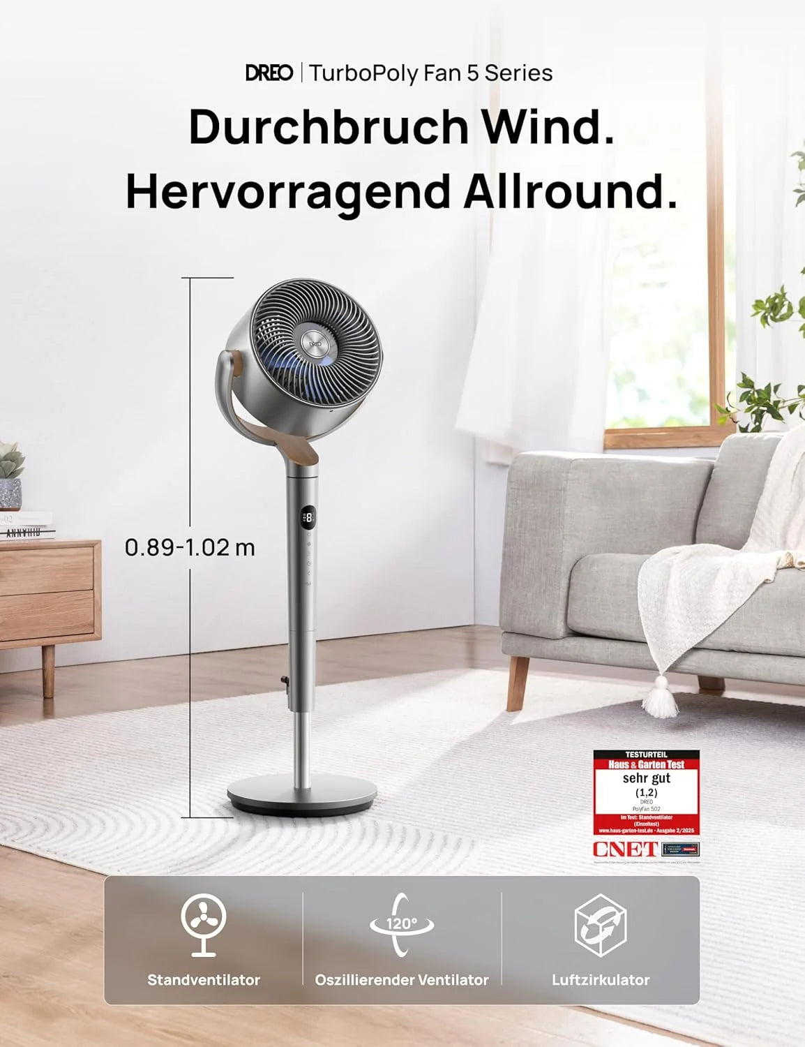 Dreo 20dB leiser Standventilator. 120°+120° Omni-direktionale oszillierende Ventilator. 26M Windentfernung. 1200m³/h Luftvolumen Echt Turbo-