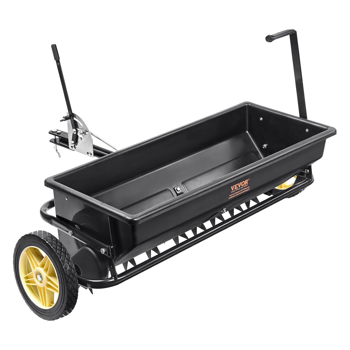 Broadcast seeder. 100-pound tractor-mounted rear polyethylene seeder with 10-inch wheels. equipped with a steel spike weeder. fertilizer spreader. garden seeder and salt spreader. suitable for residences. farms. rough terrain. and black pavement.