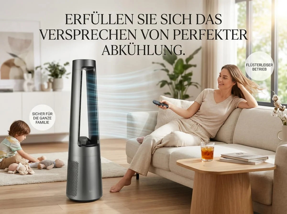 Fakir TVL 100 Flügelloser Turmventilator - DC-Motor. 12 Lüfterstufen. 30 dB(A). 60° Oszillation. 12h Timer. LED Touch Display. Fernbedienung.