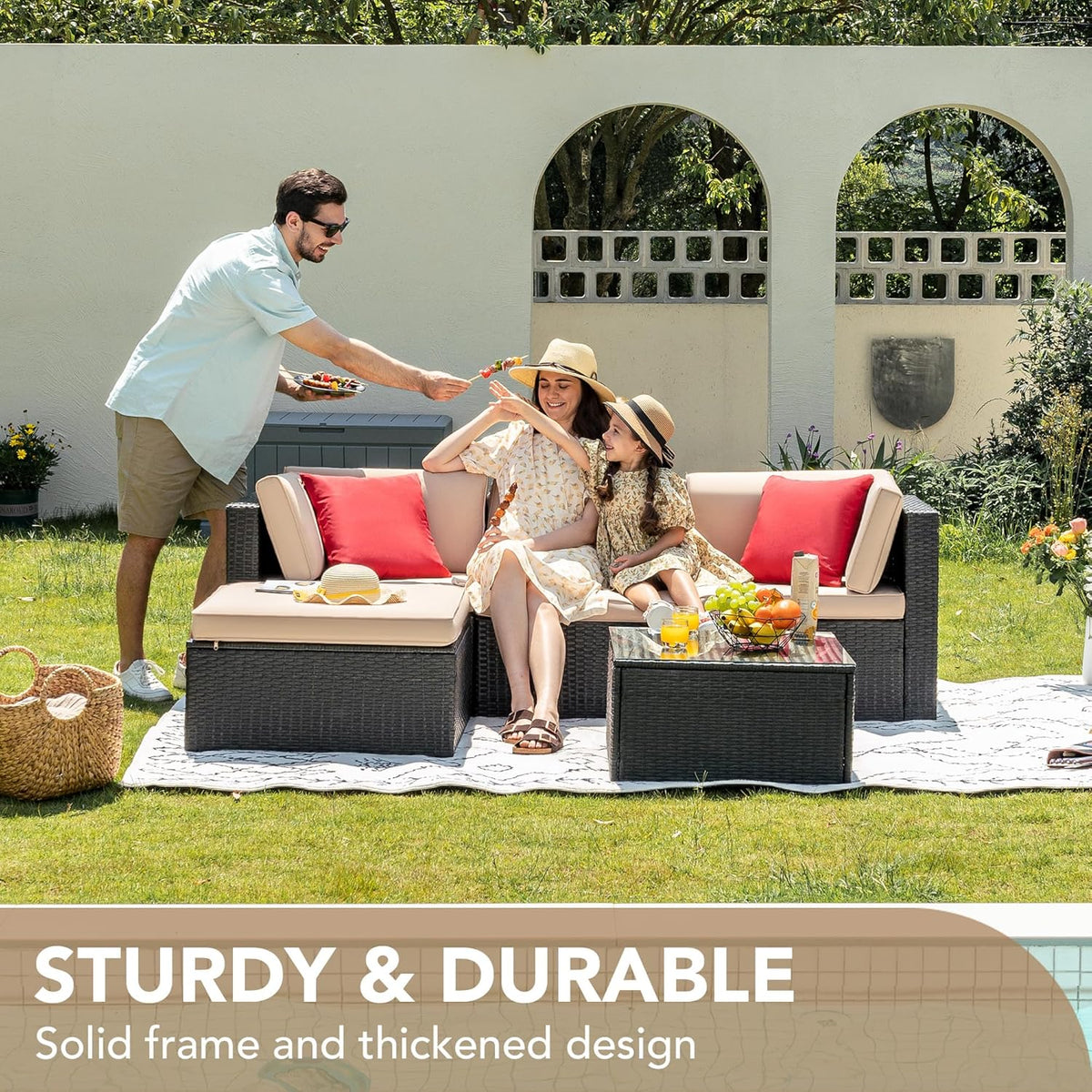 5-Piece All-Weather Patio Furniture Set with Cushions. Outdoor Wicker Conversation Sofa Set for Garden. Deck & Backyard