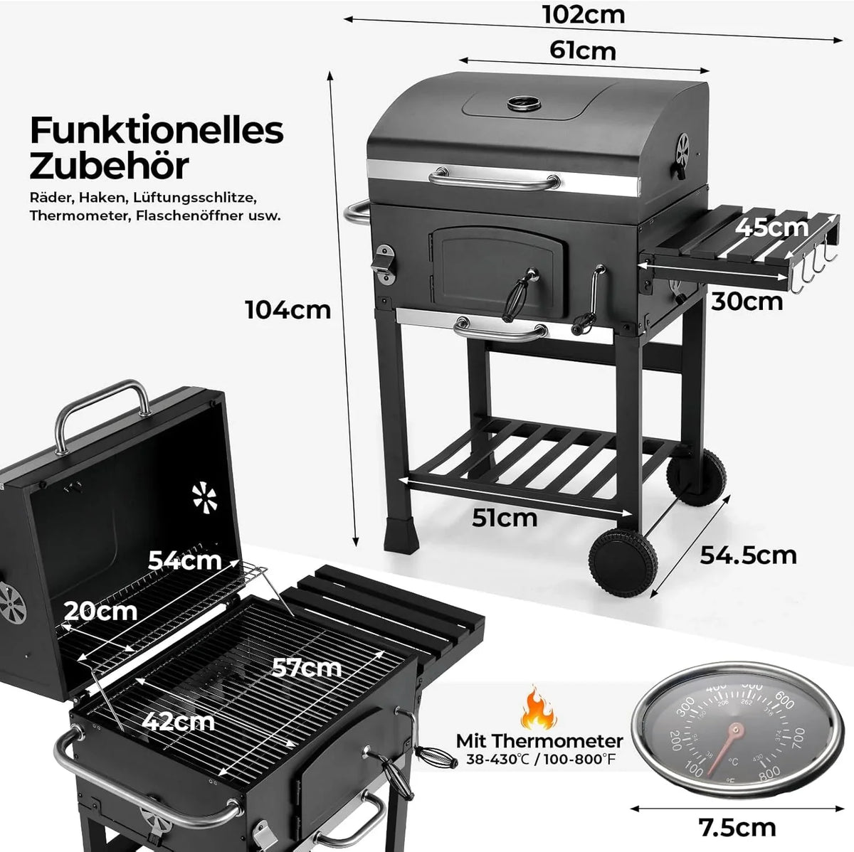 Barbacoa de Carbon XXL. Parrilla de Carbón con Chimenea y Tapa. Parrilla con Carrito BBQ Smoker con Ruedas y Termómetro. Grande BBQ Carbon para