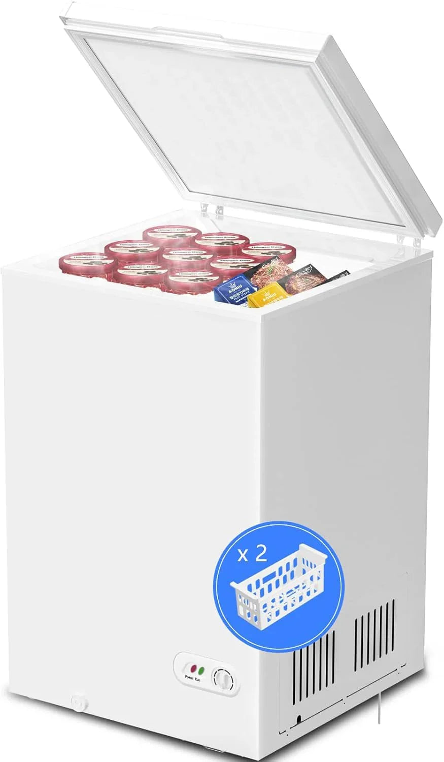 3.5 Cubic Feet Chest Freezer with 2 Removable Baskets Free Standing Top Open Door Compact Freezer with Adjustable Temperature for Home/Kitchen/Office/Bar (3.5 Cubic Feet. White)