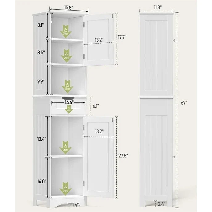 67 Inch Tall Narrow Bathroom Linen Cabinet. 5-Tier Solid Wood Freestanding Storage Cabinet
