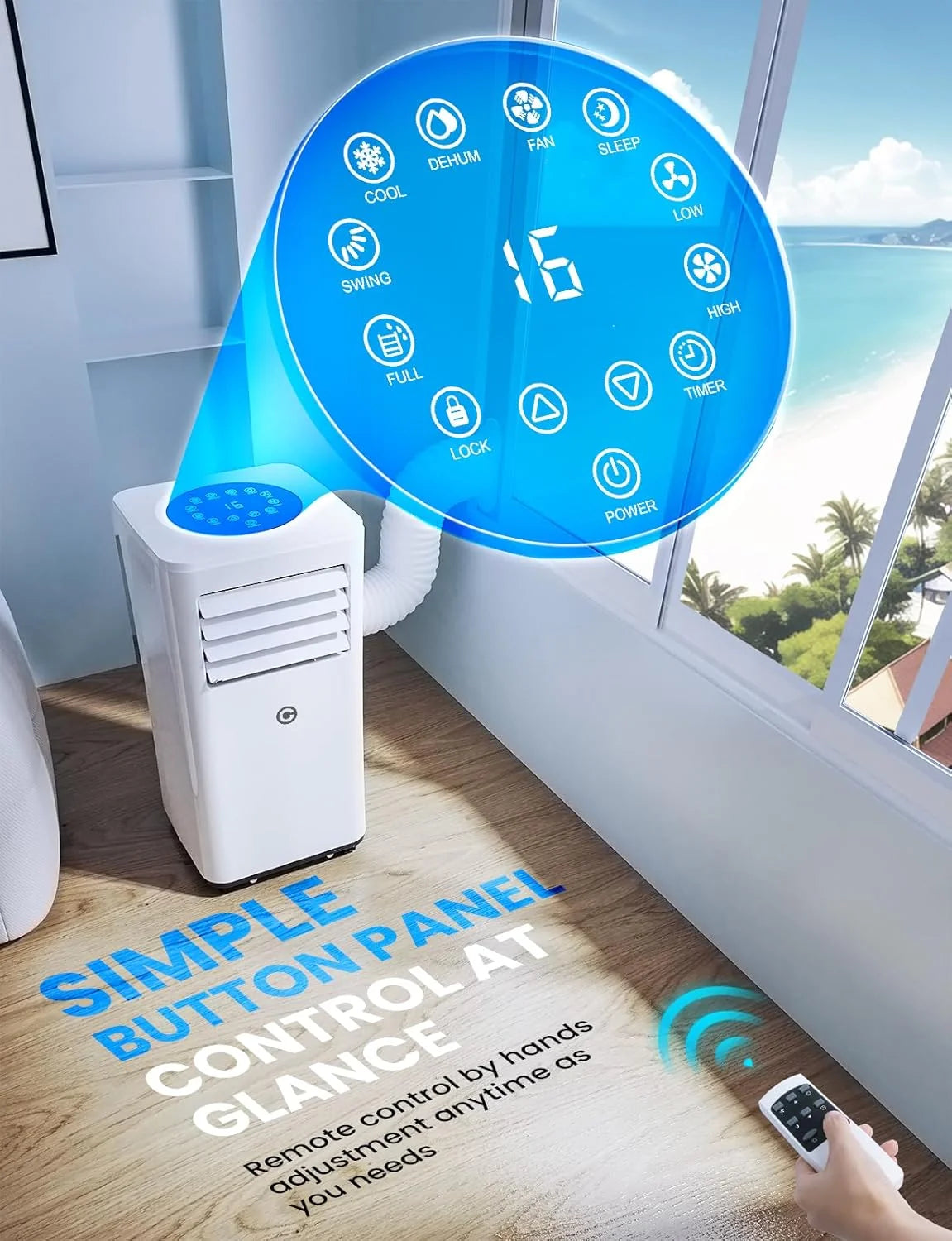 9000 BTU Aire Acondicionado Portátil. 4 en 1: Refrigeración. Ventilador. Deshumidificador y Modo Sueño. Silencioso. con Mando. Temporizador 24h y Kit