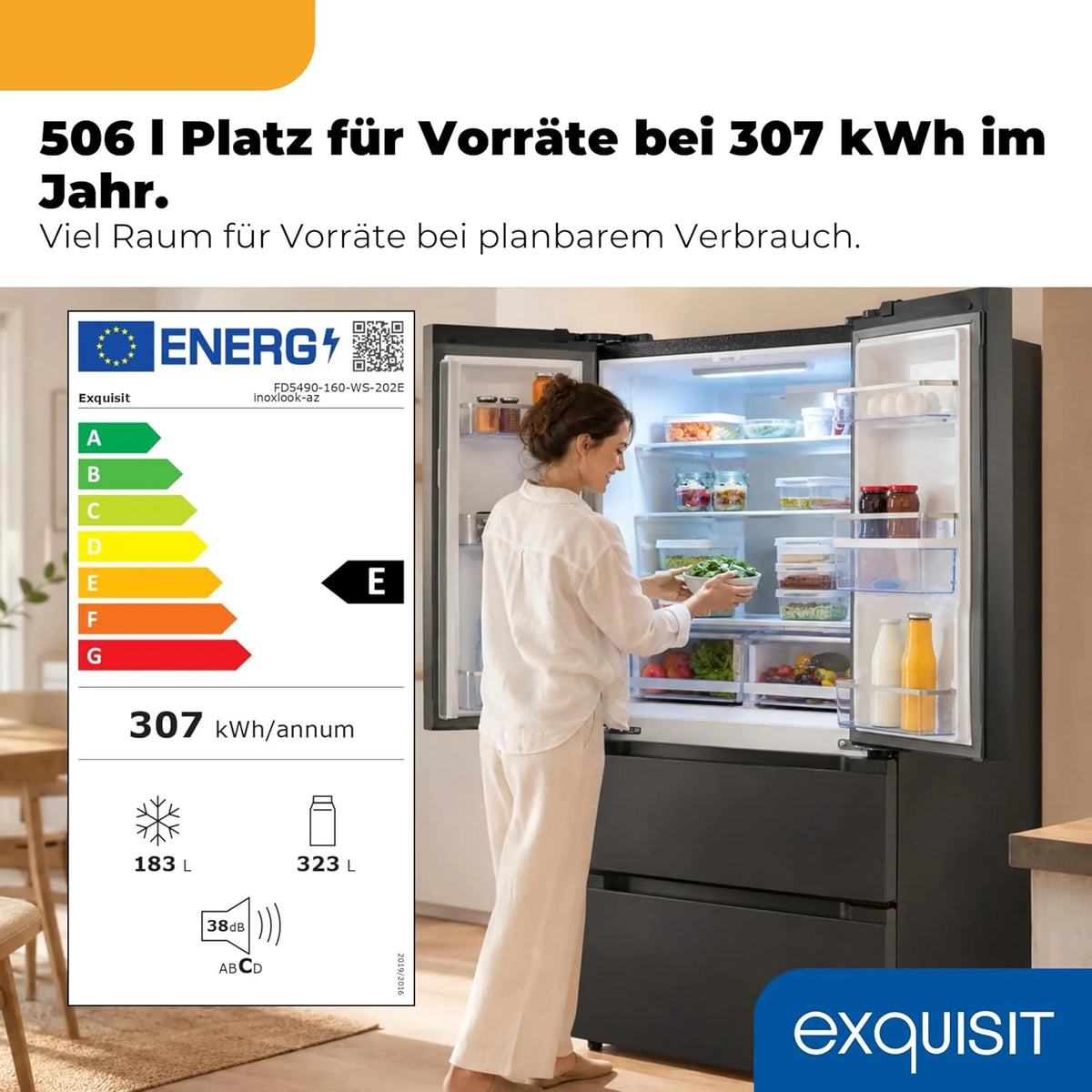 Exquisit Frenchdoor Kühl-Gefrierkombination | 506 l Nutzinhalt. Energieklasse E. 41 dB. No Frost Kühlen & Gefrieren. Schnellgefrieren. Wasserspender.