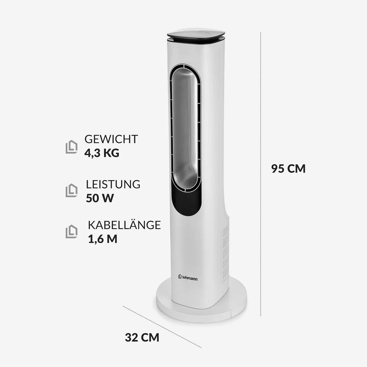 LEHMANN Turmventilator mit Fernbedienung & LED-Display. leiser Ventilator mit Schlafmodus. 15 h Timer. 3 Lichtfarben. 3 Modi. 3 Geschwindigkeiten.