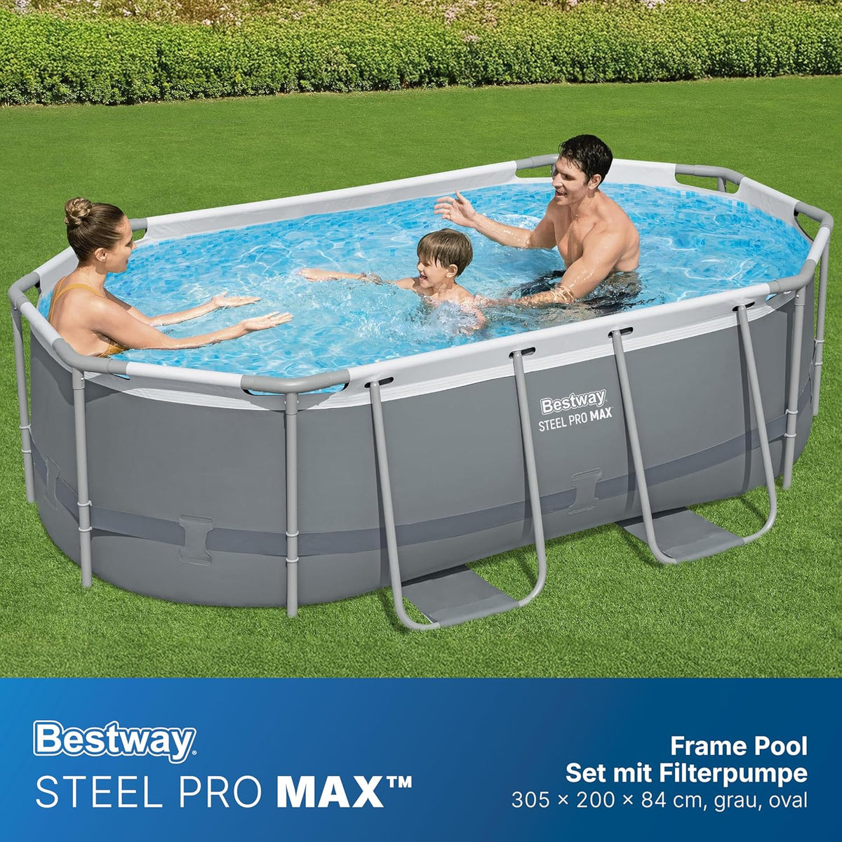 Bestway Power Steel Frame Pool Set mit Filterpumpe 305 x 200 x 84 cm. grau. oval
