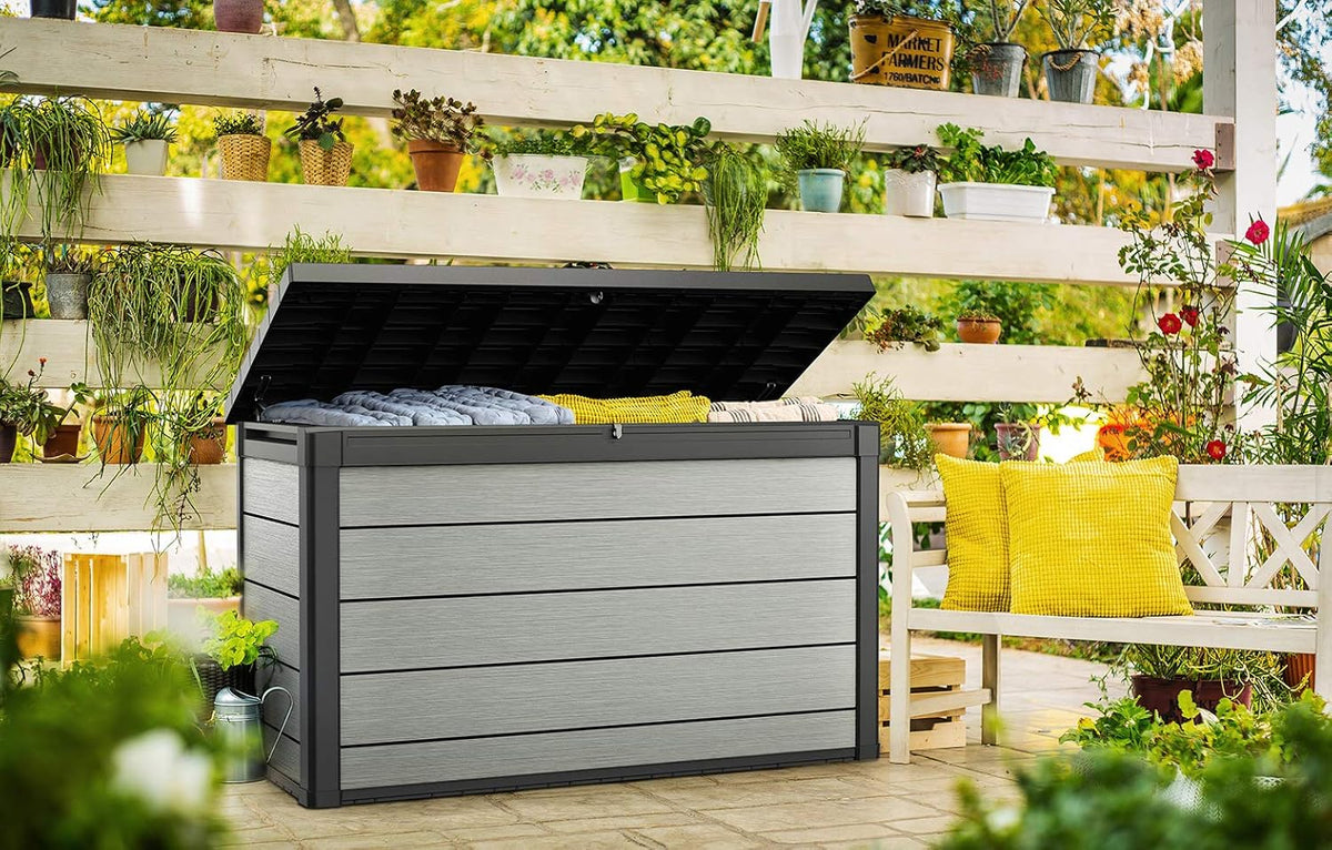 200 Gallon Resin Deck Box. Extra Large Outdoor Storage Container for Patio. Garden. Yard and Pool Area