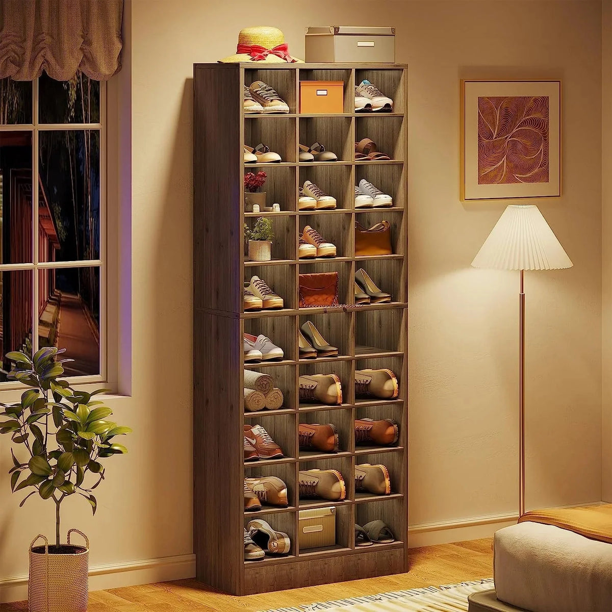 10-Tier Tall Shoe Cabinet. 30-Pair White Wood Shoe Storage Rack for Entryway and Closet
