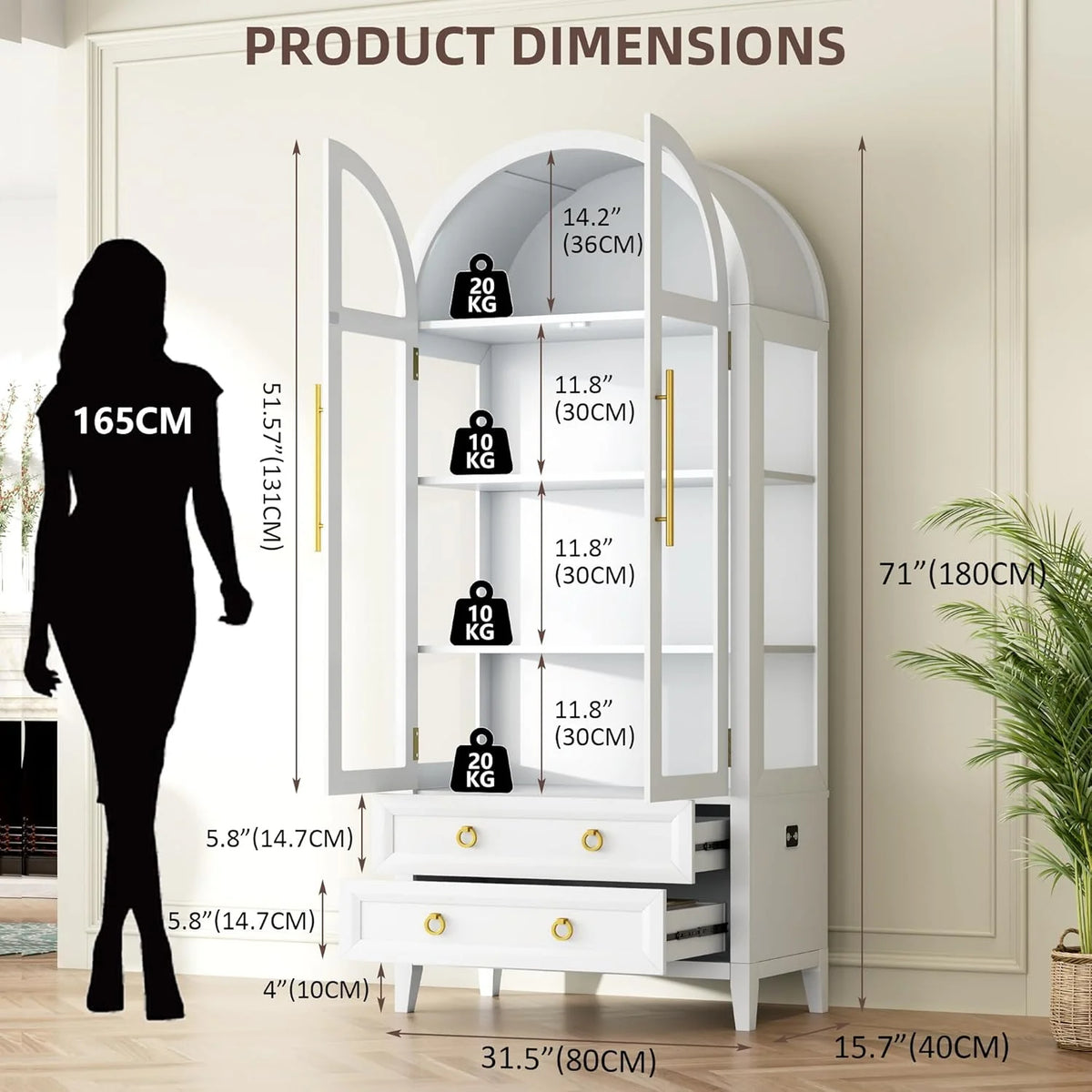 LVSOMT Gewölbte Glasvitrine mit LED Beleuchtung. 180cm Vitrinenschrank mit Glastüren. Bogen Vitrine mit 4 Display Regale und 2 Schubladen. 3 Farbe