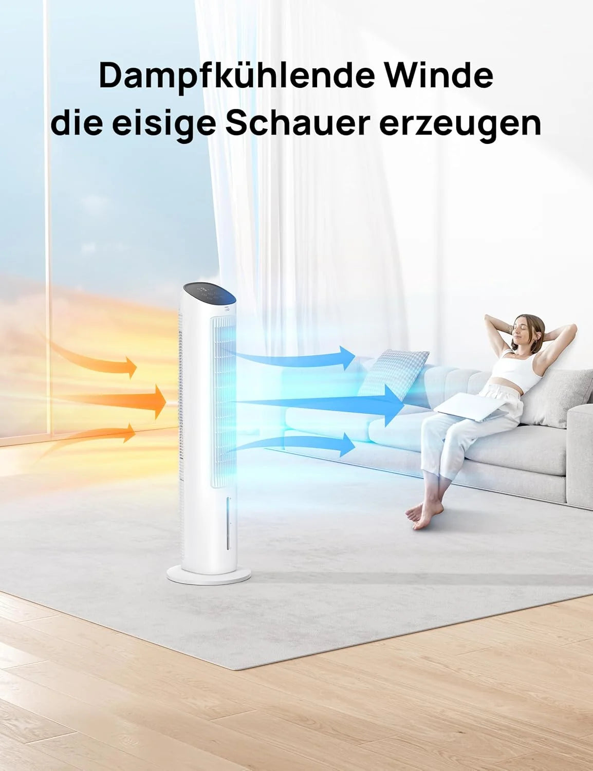 DREO Turmventilator mit Kühlung leise. Ventilator mit Wasserkühlung. 102 cm Luftkühler. Verdunstungskühler mit 80° Schwenkfunktion. 3 Modi. 4