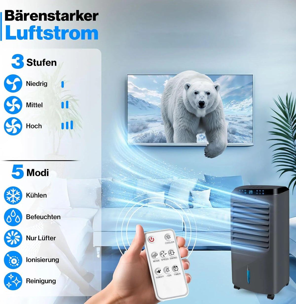 KESSER Mobile Klimaanlage 4in1 Luftkühler – Air Cooler mit Fernbedienung & Timer. 10L Wassertank. Ionisator & Luftbefeuchter. Ventilator Klimagerät