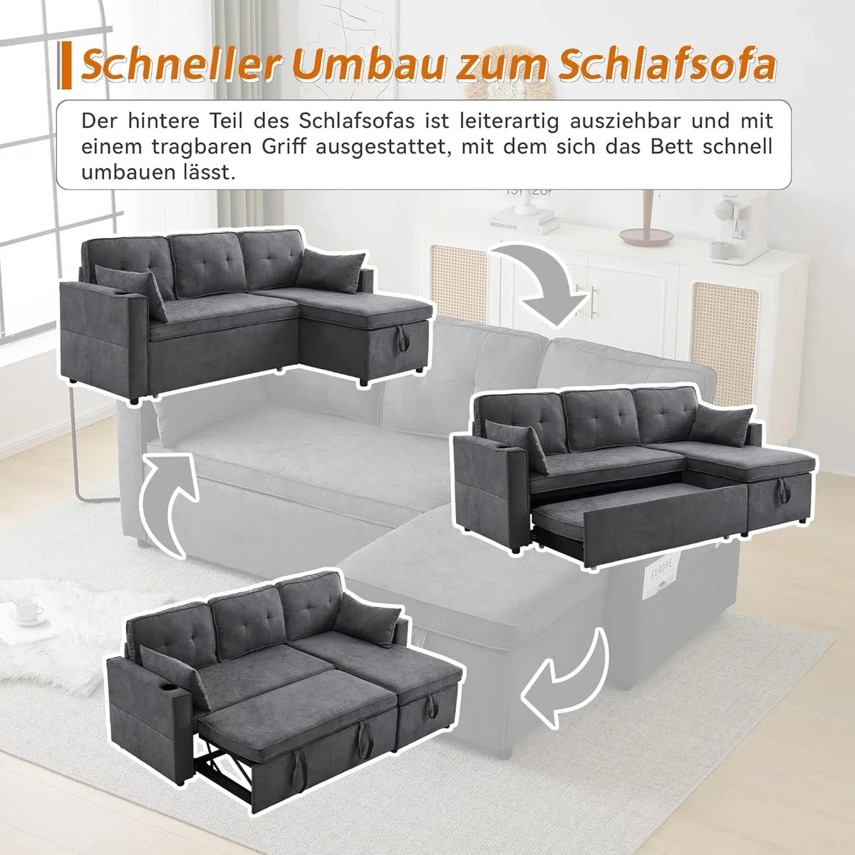 Sofá Cama 3 plazas con Portavasos y Bolsa Pasamanos Lateral. Sofá en Forma de L. Intercambiable a la Derecha y a la Izquierda. Gris