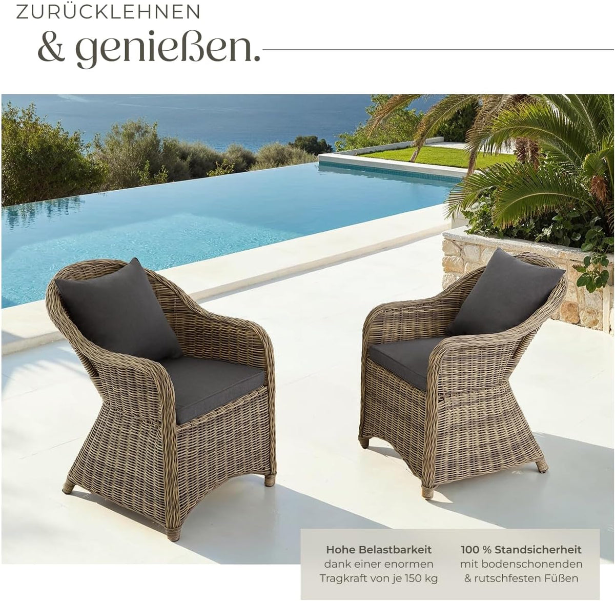 tectake Alu Polyrattan Gartenstuhl 2er Set. Gartenmöbel Set mit 2 Sessel. wetterfest. Rattan Gartensessel mit weichen Sitzpolster. abziehbarer und