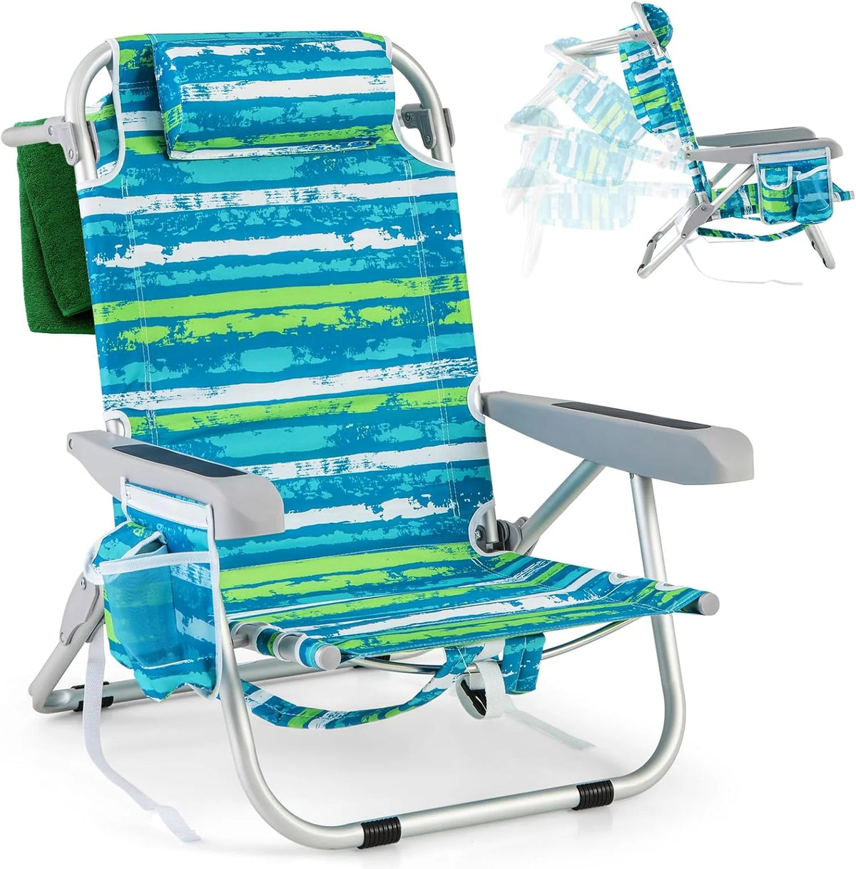 COSTWAY Silla Plegable de Playa. Tumbona con 5 Posiciones. Portavasos. Bolsillos de Almacenamiento. Correas de Hombro. Soporte para Toallas. Almohada.