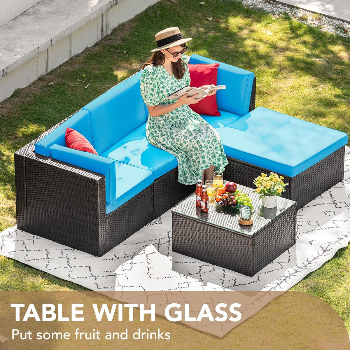 5-Piece All-Weather Patio Furniture Set with Cushions. Outdoor Wicker Conversation Sofa Set for Garden. Deck & Backyard