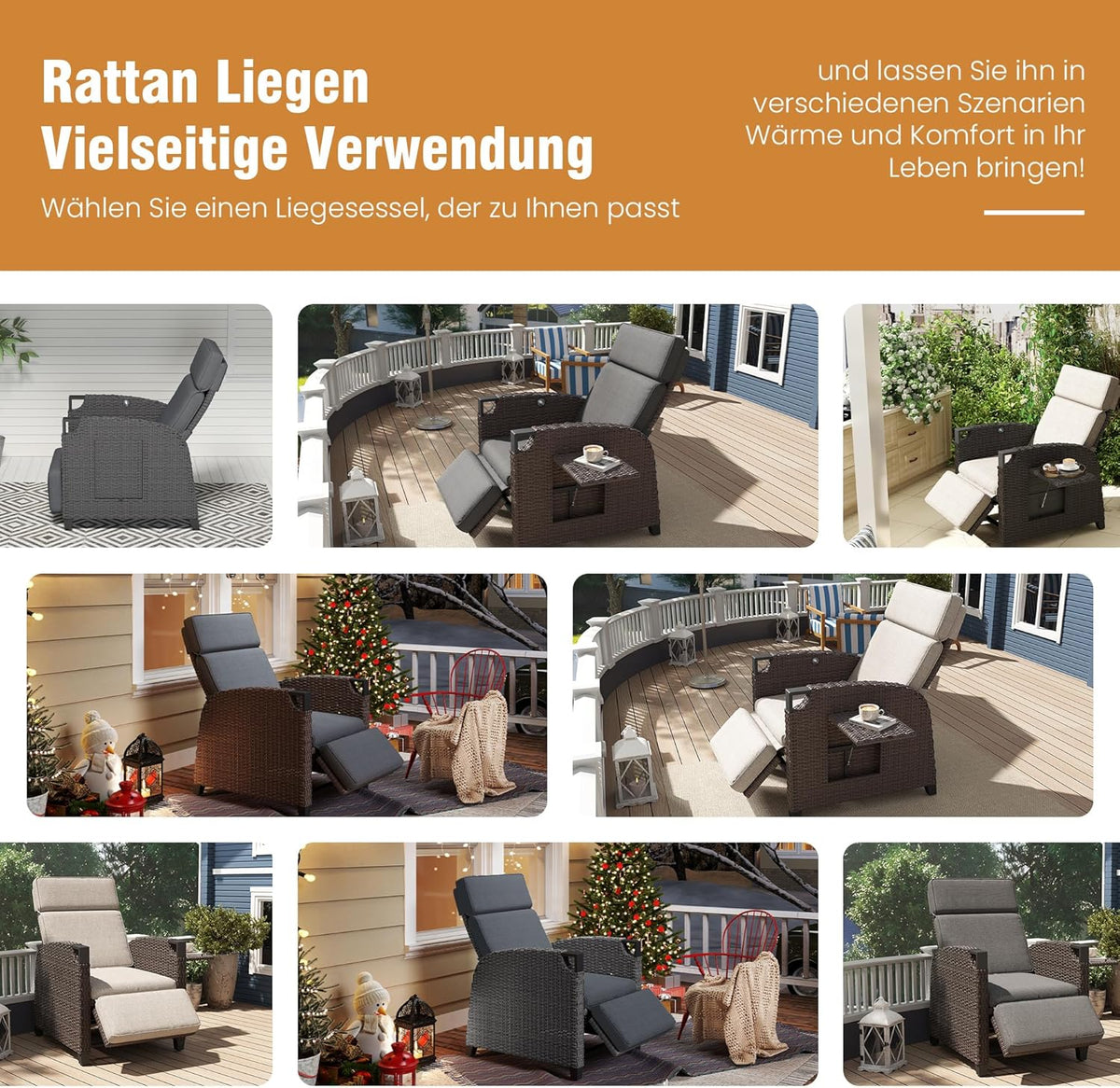 Amopatio Relaxliege Liegesessel. Rattan Sonnenliege mit Verstellbar Rückenlehne und Klapptisch. Outdoor Gartensessel wetterfestes. für Terrasse.