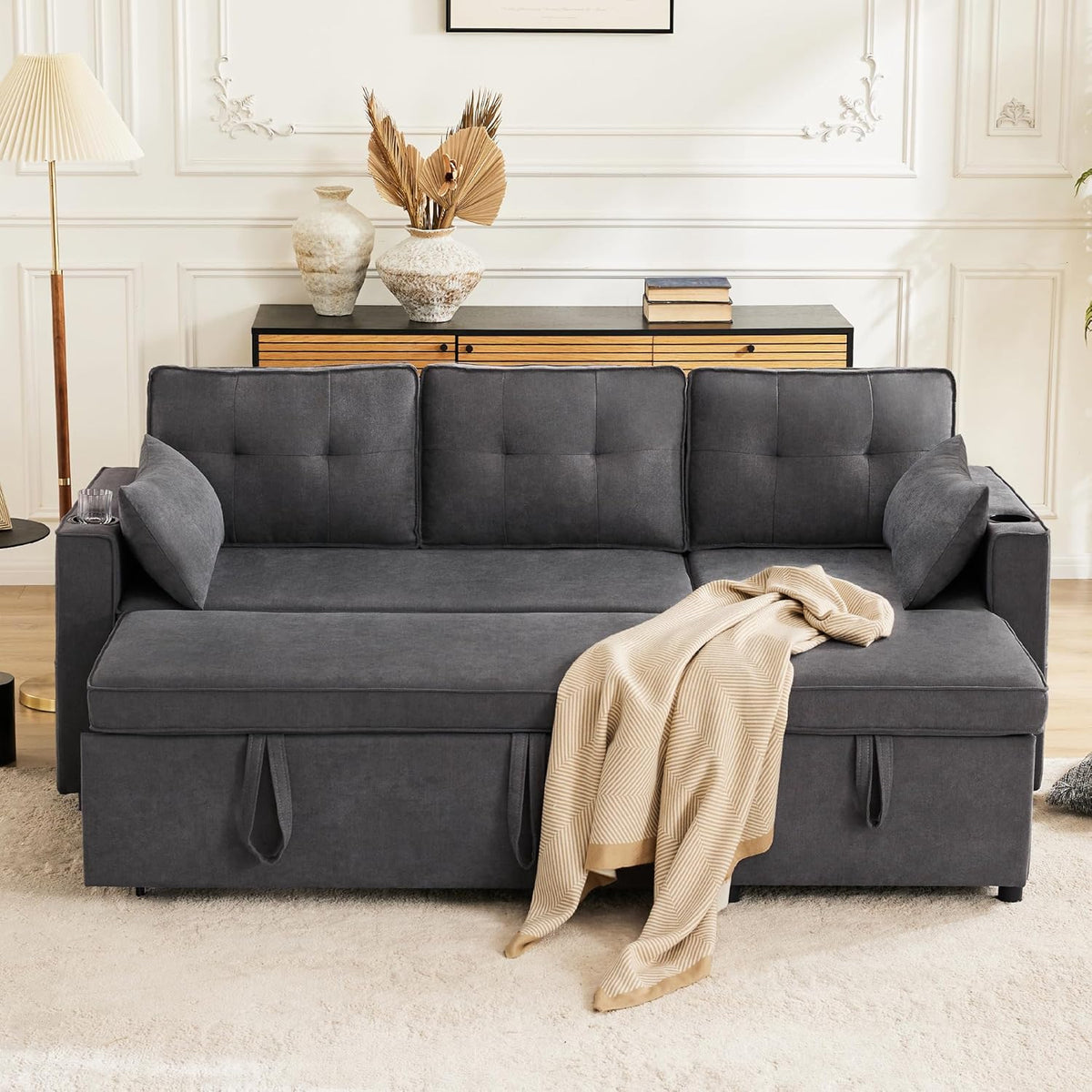 Sofá Cama 3 plazas con Portavasos y Bolsa Pasamanos Lateral. Sofá en Forma de L. Intercambiable a la Derecha y a la Izquierda. Gris