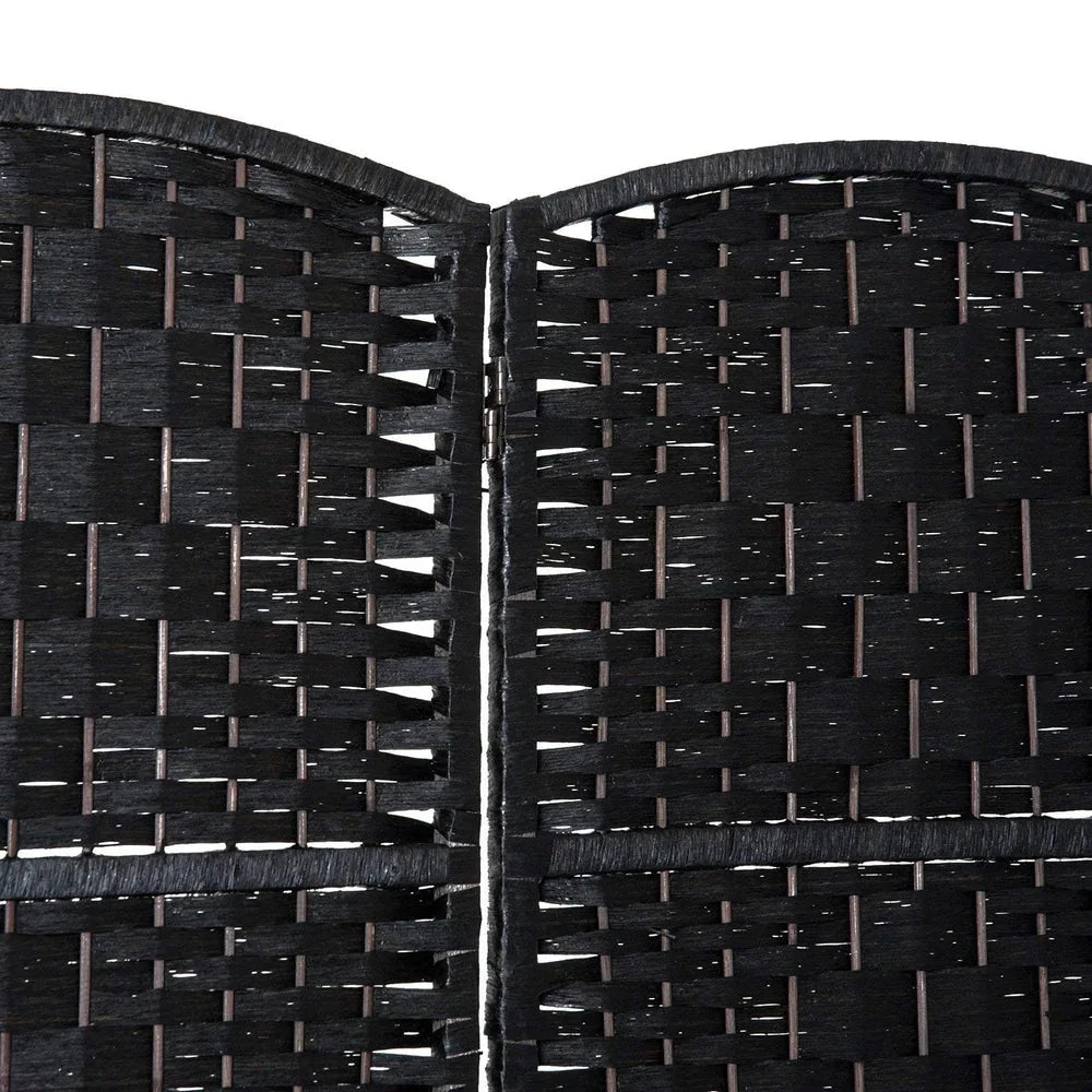 6 Ft Tall Four-Panel Wicker Weave Room Divider. Black Wood Privacy Screen