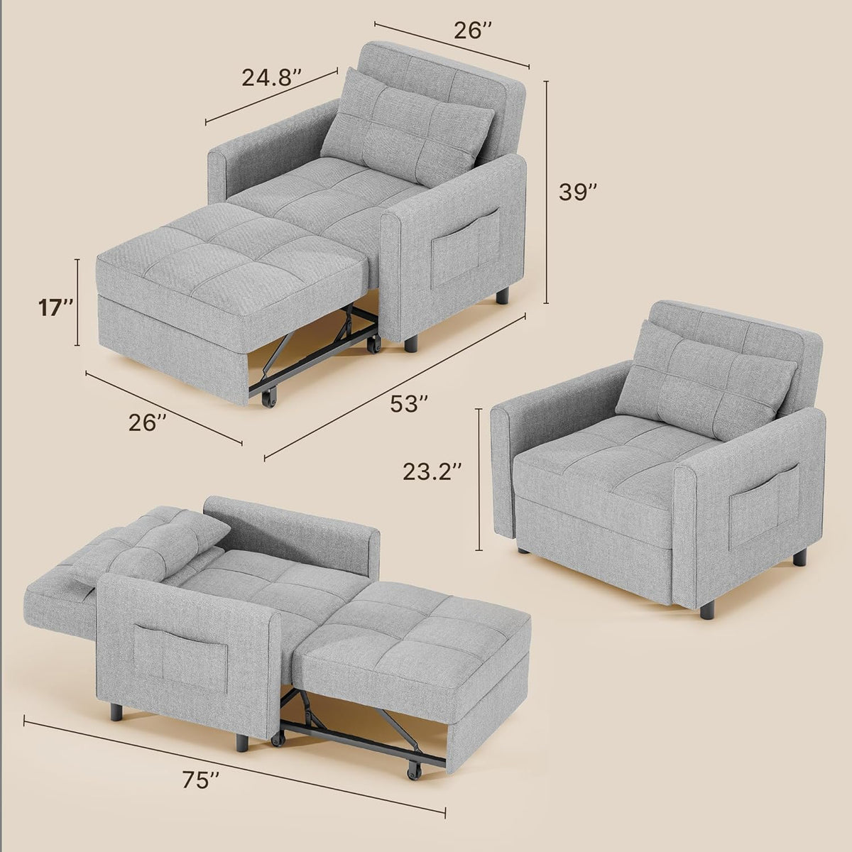 Gizoon Sofá cama 3 en 1 convertible. silla cama individual extraíble con respaldo ajustable. espaciosos sofás multifuncionales para sala de estar.