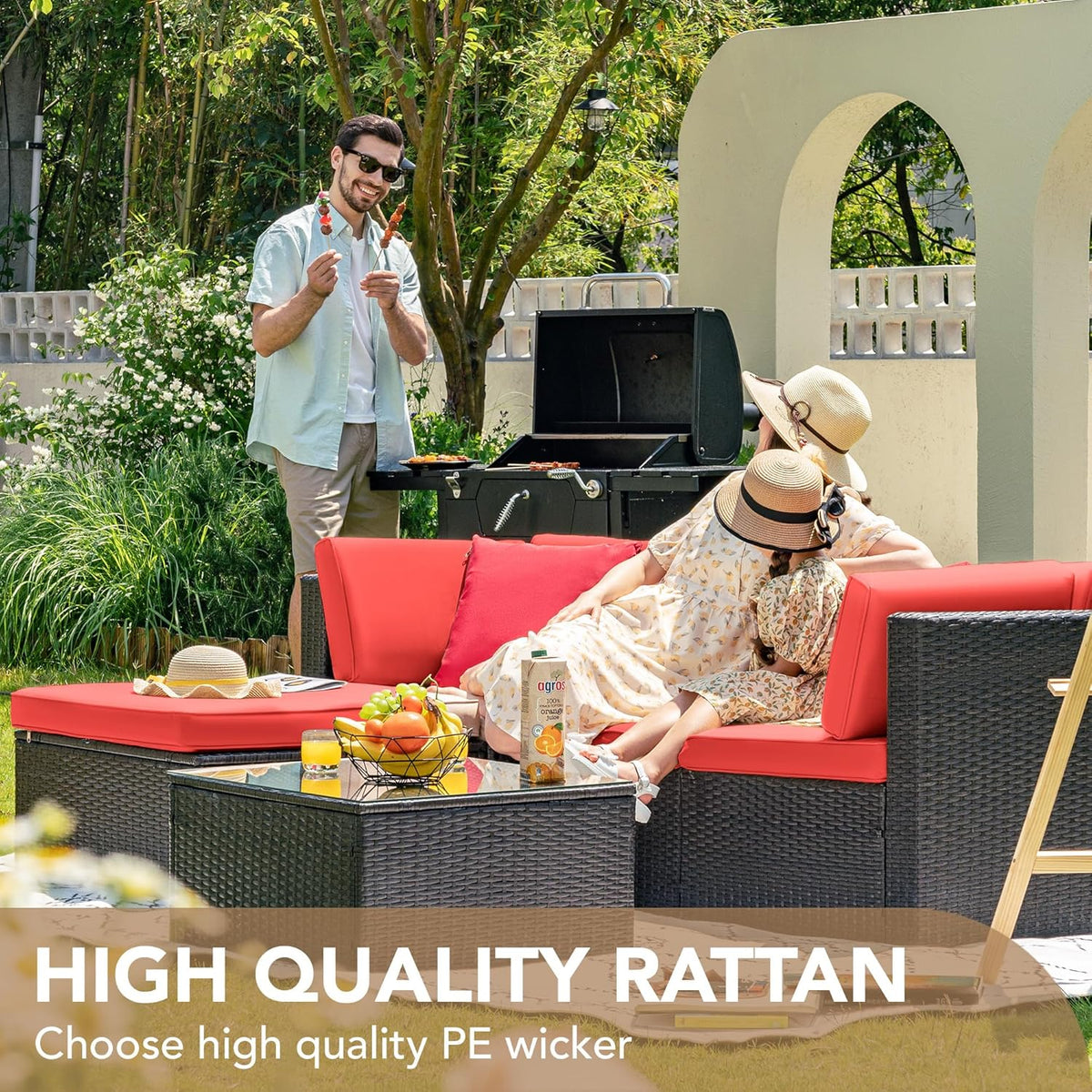 5-Piece All-Weather Patio Furniture Set with Cushions. Outdoor Wicker Conversation Sofa Set for Garden. Deck & Backyard