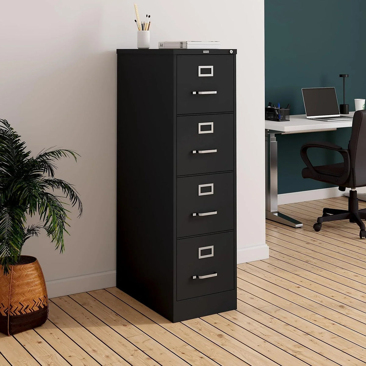 4-Drawer Lockable File Cabinet. Black. 25-Inch D x 15-Inch W