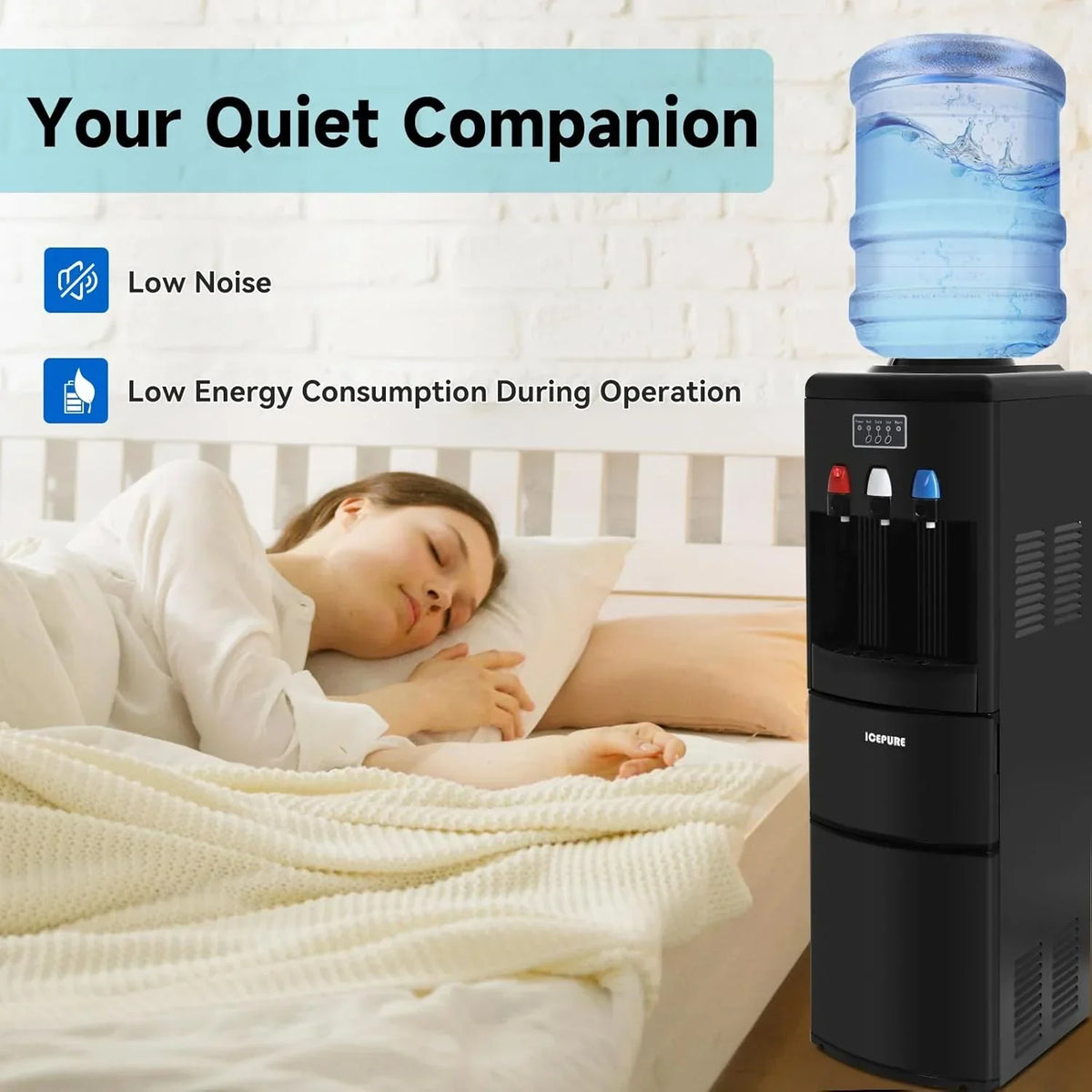 3-in-1 Hot & Cold Water Cooler with Built-in Ice Maker – Top Loading for 3-5 Gallon Bottles. Child Safety Lock. Black